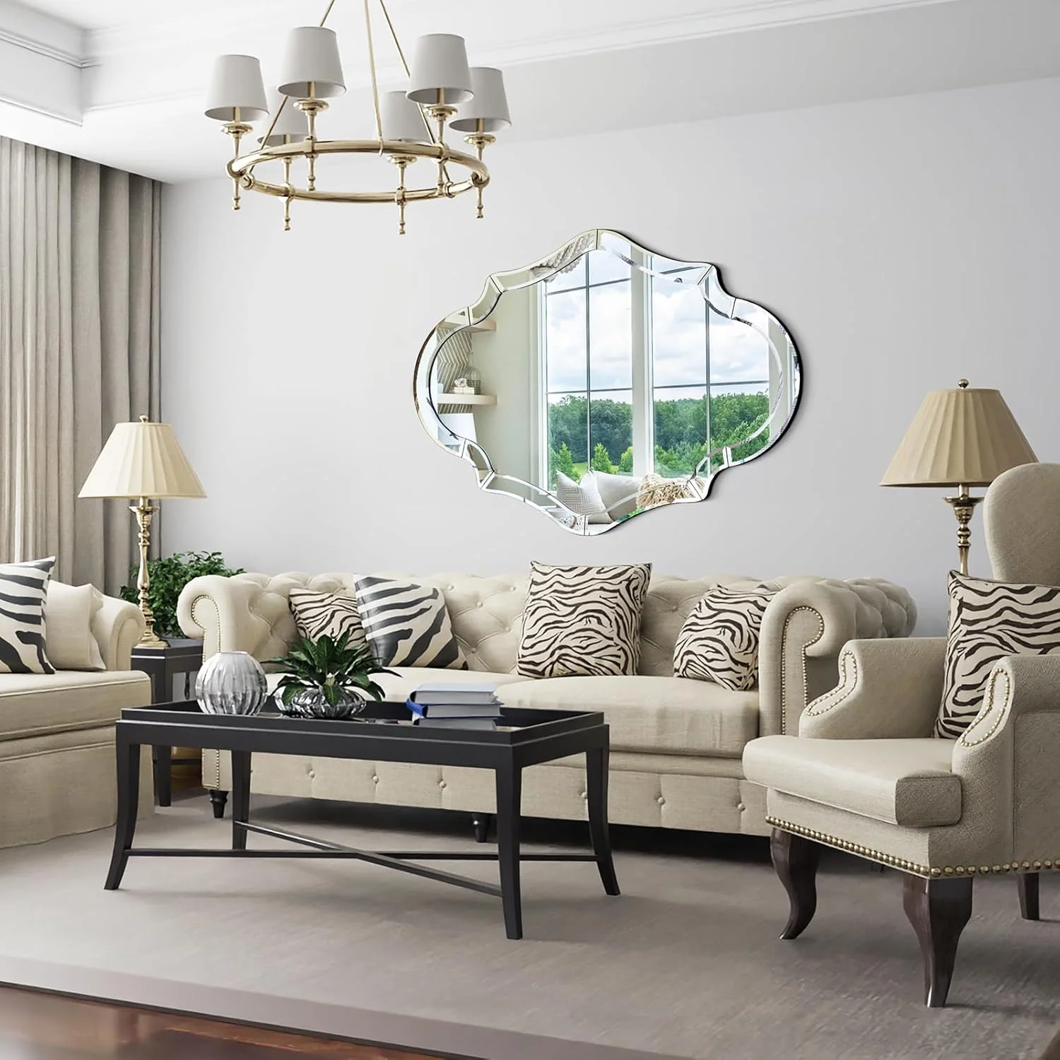 آینه دیواری دالبری، 101x71 سانتیمتر، آینه تزئینی بزرگ بدون قاب با لبههای پخدار ظریف، آینه نامنظم برای اتاق ناهارخوری، اتاق نشیمن، حمام، اتاق خواب، ورودی، قابل نصب به صورت افقی یا عمودی آینه دیواری دالبری، 101x71 سانتیمتر، آینه تزئینی بزرگ بدون قاب با لبههای پخدار ظریف، آینه نامنظم برای اتاق ناهارخوری، اتاق نشیمن، حمام، اتاق خواب، ورودی، قابل نصب به صورت افقی یا عمودی