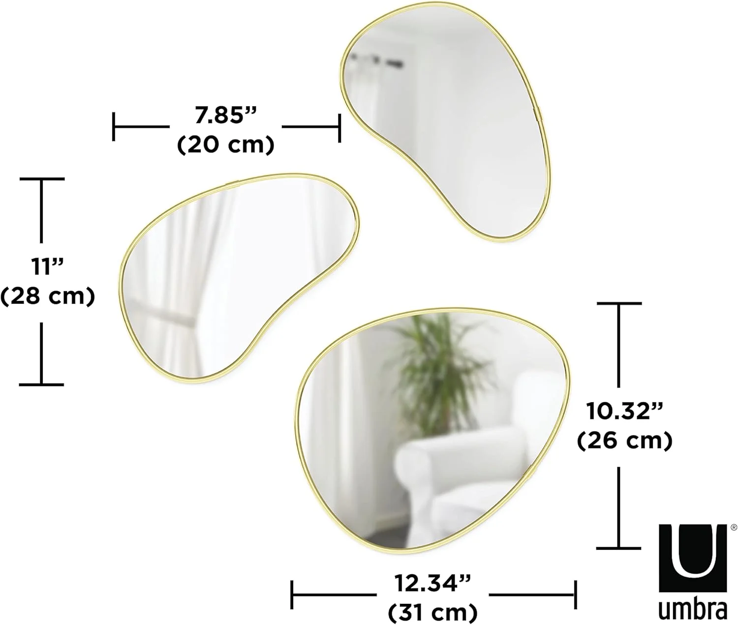 آینه های سنگریزه ای هابا Umbra، ست 3 عددی، برنجی