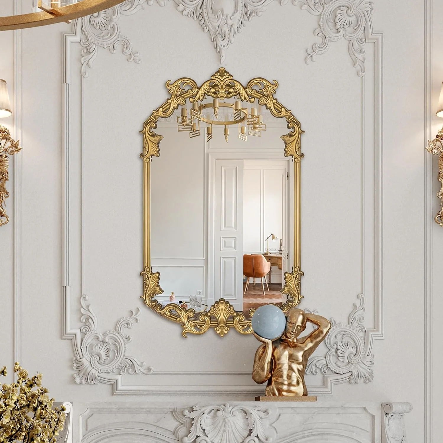 آینه قدی کمانی طلایی آنتیک Varsoul، 48x81 سانتی متر، آینه دیواری وینتیج، آینه دکوراتیو باروک با قاب فلزی مناسب اتاق خواب، نشیمن، حمام، راهرو آینه قدی کمانی طلایی آنتیک Varsoul، 48x81 سانتی متر، آینه دیواری وینتیج، آینه دکوراتیو باروک با قاب فلزی مناسب اتاق خواب، نشیمن، حمام، راهرو