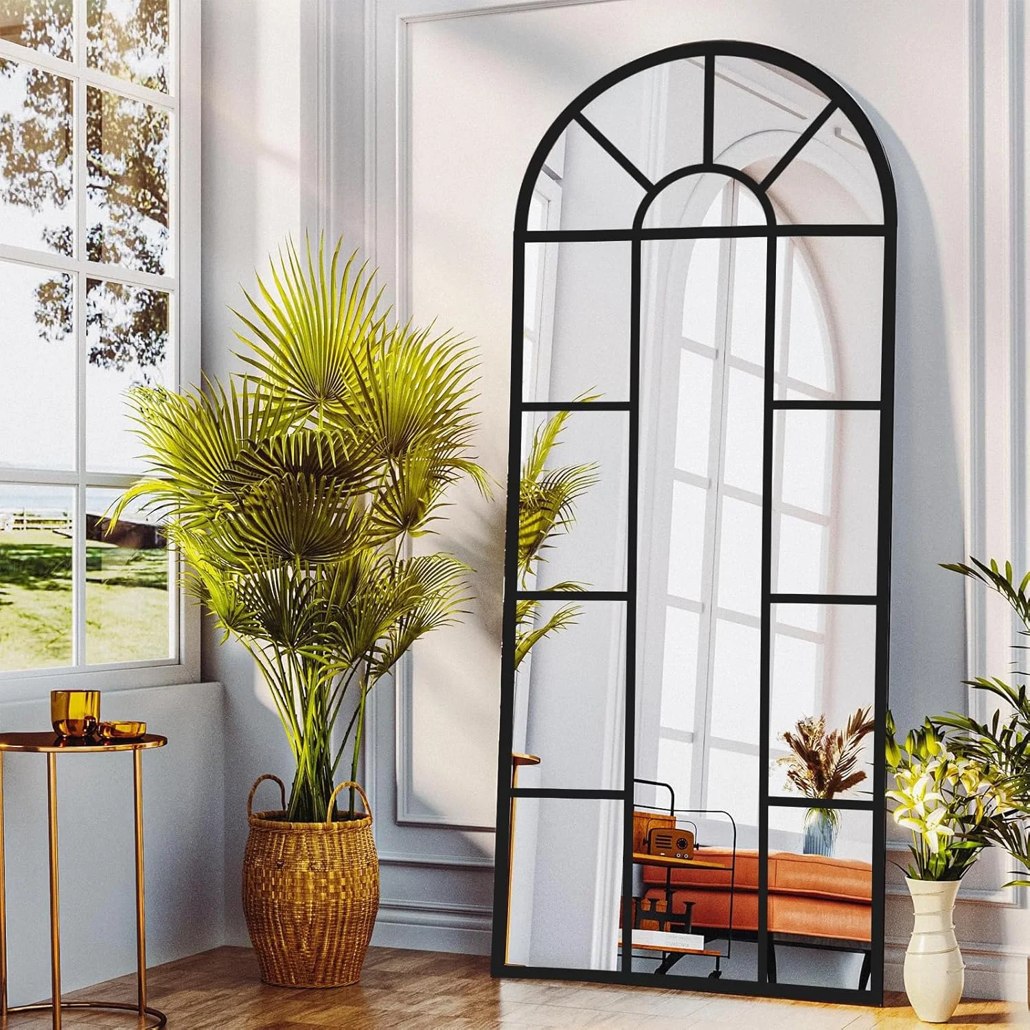 آینه قدی کمانی Vparty، آینه دکوراتیو طرح پنجره 170x60 سانتی متر، آینه فلزی قاب دار مناسب دکوراسیون دیوار به سبک روستایی، قابل نصب روی دیوار برای اتاق خواب، اتاق نشیمن، ورودی (مشکی، 170x60 سانتی متر)