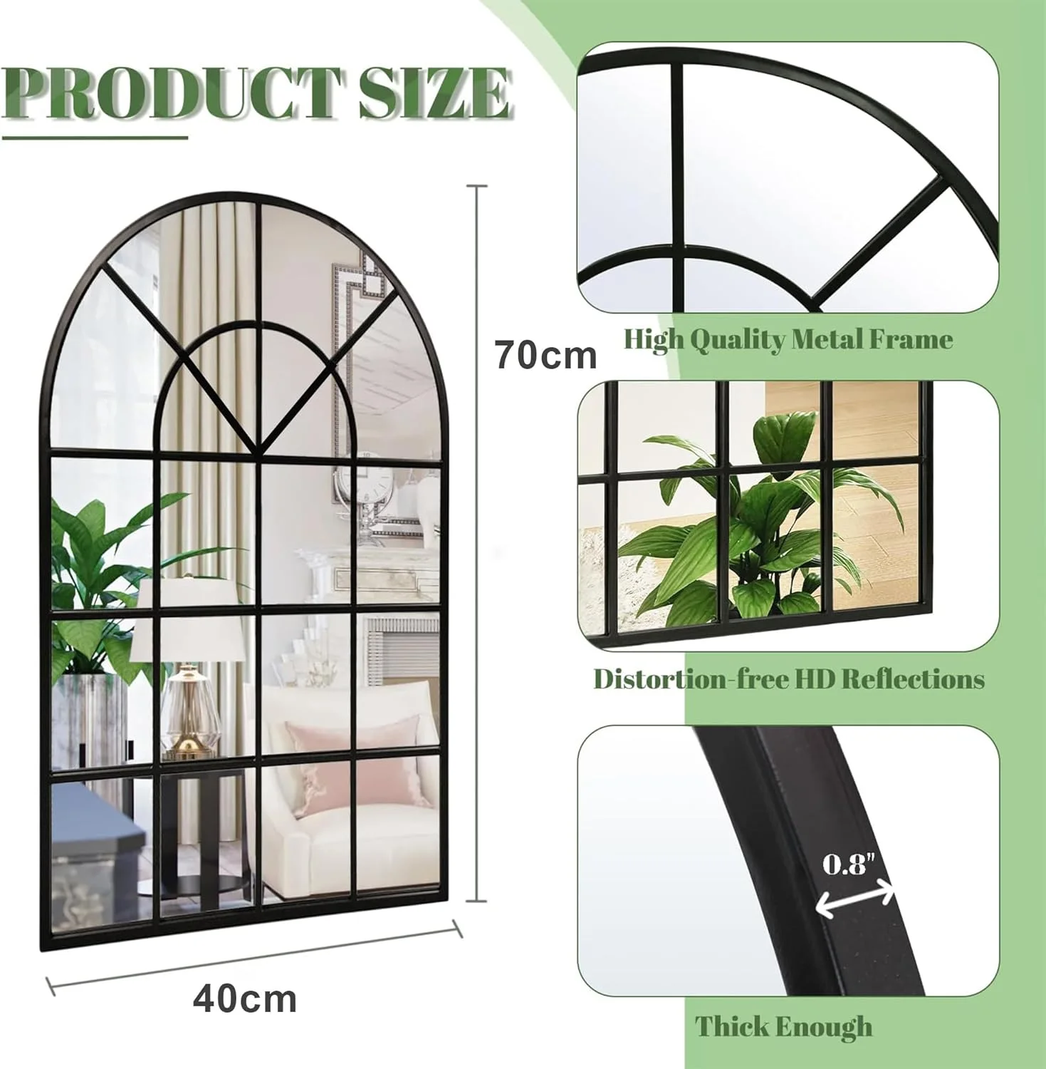 آینه قدی کمانی VPHOME با قاب فلزی، 40×70 سانتی متر، آینه دیواری طرح پنجره، مناسب دکوراسیون اتاق نشیمن، ورودی، شومینه، آینه دیواری روستیک وینتیج با قاب فلزی (مشکی، 40 * 70 سانتی متر)