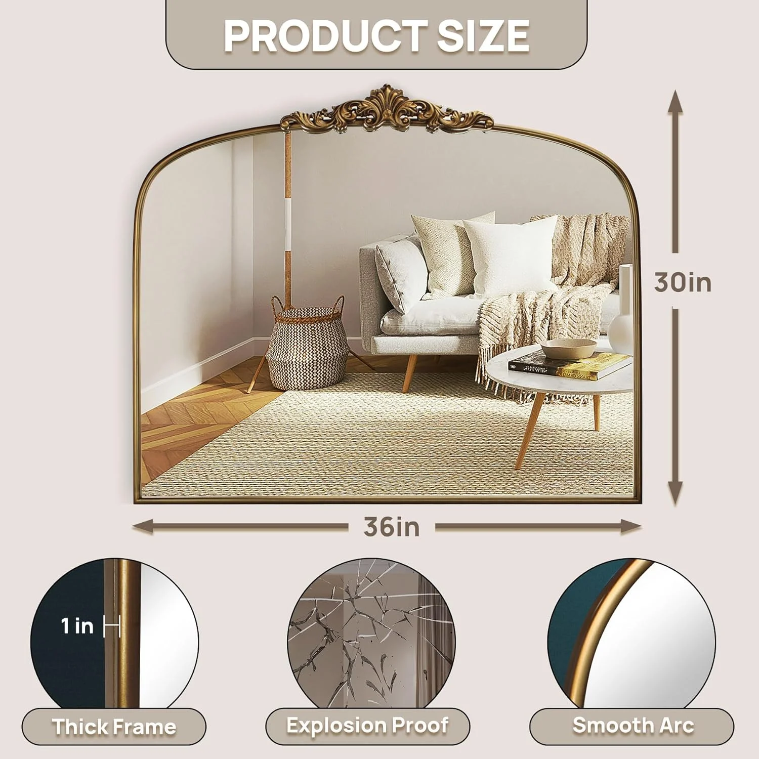 آینه باروک طلایی عتیقه Wemily - 91x76 سانتی متر با قاب فلزی کامل - ایده آل برای ورودی، شومینه، اتاق نشیمن، راهرو، حمام