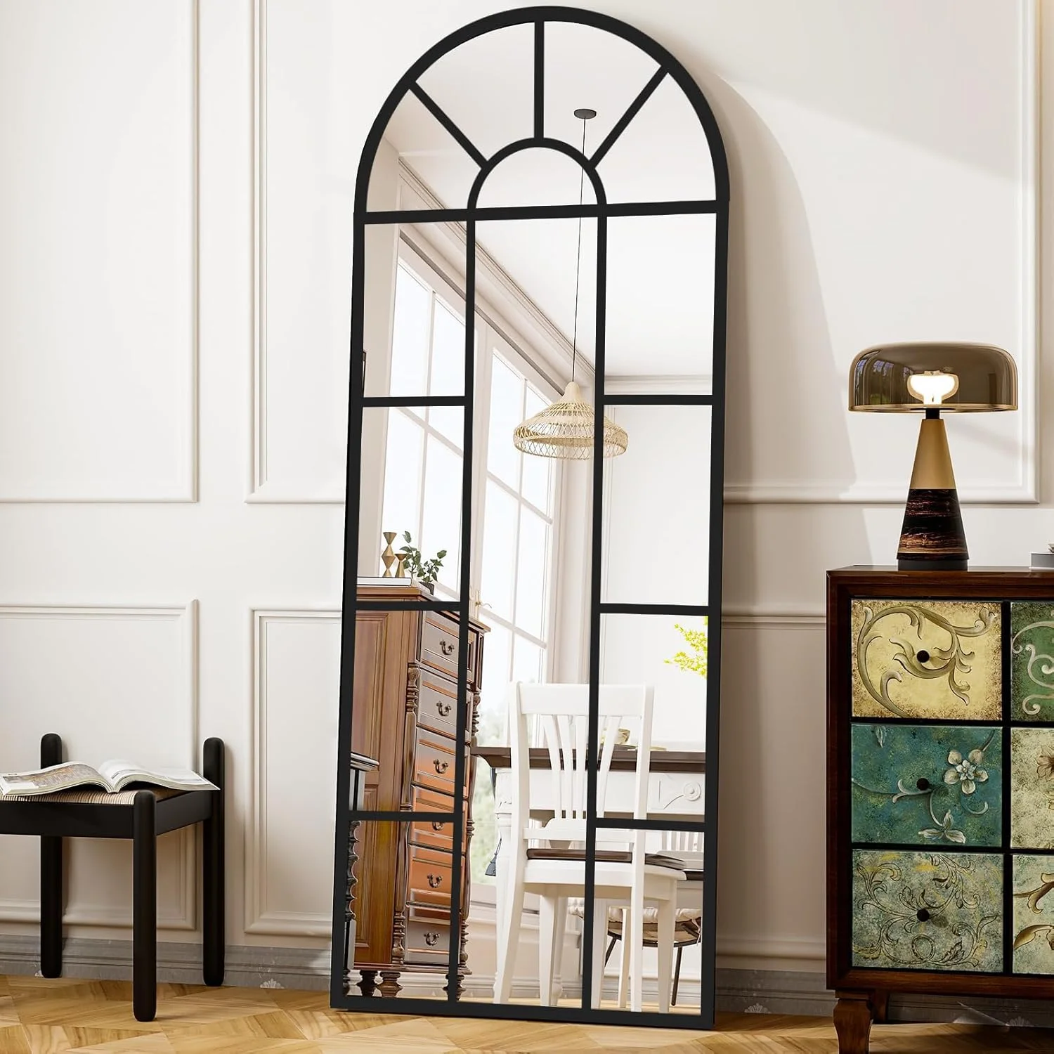 آینه قدی کمانی Vparty، آینه دکوراتیو طرح پنجره 170x60 سانتی متر، آینه فلزی قاب دار مناسب دکوراسیون دیوار به سبک روستایی، قابل نصب روی دیوار برای اتاق خواب، اتاق نشیمن، ورودی (مشکی، 170x60 سانتی متر)