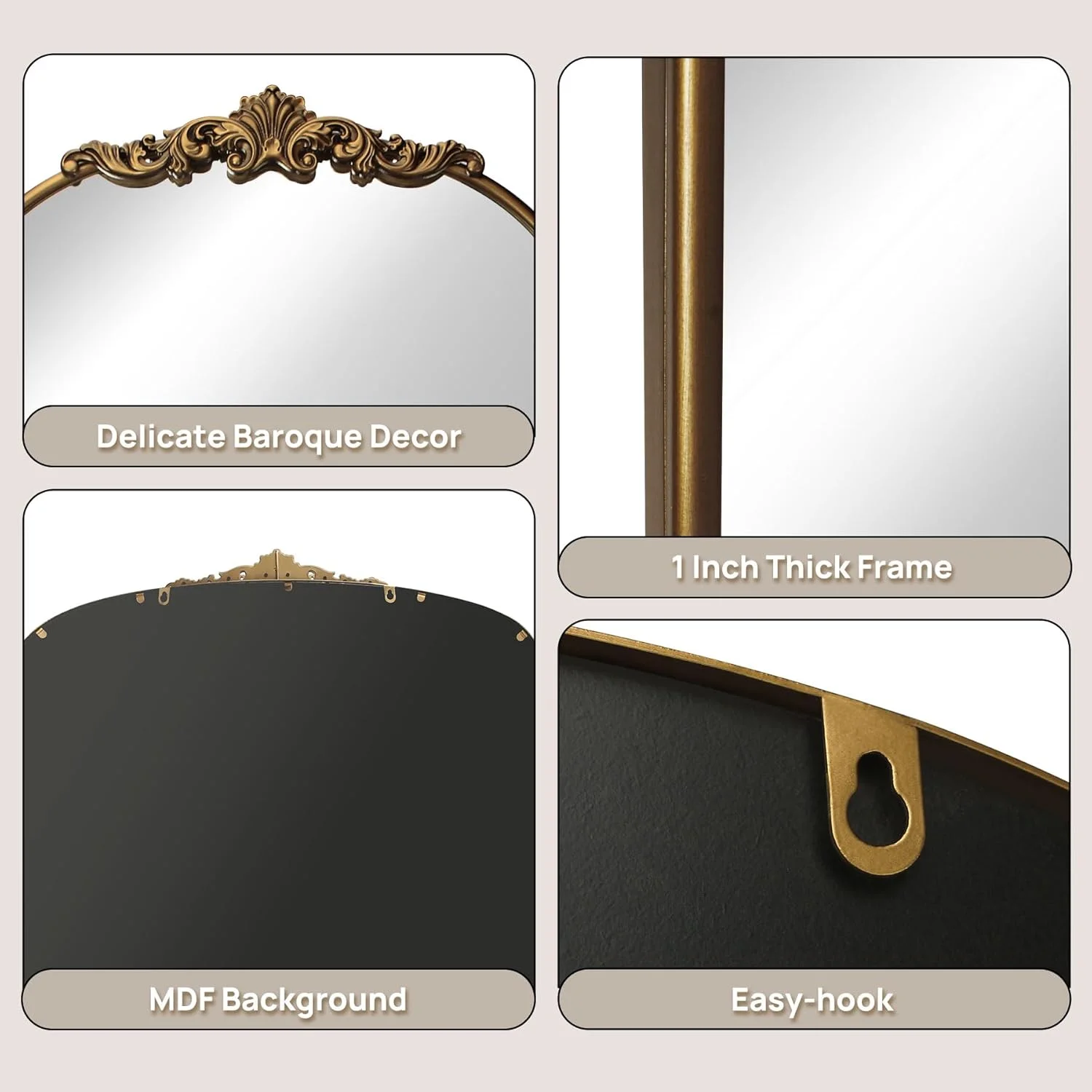 آینه باروک طلایی عتیقه Wemily - 91x76 سانتی متر با قاب فلزی کامل - ایده آل برای ورودی، شومینه، اتاق نشیمن، راهرو، حمام
