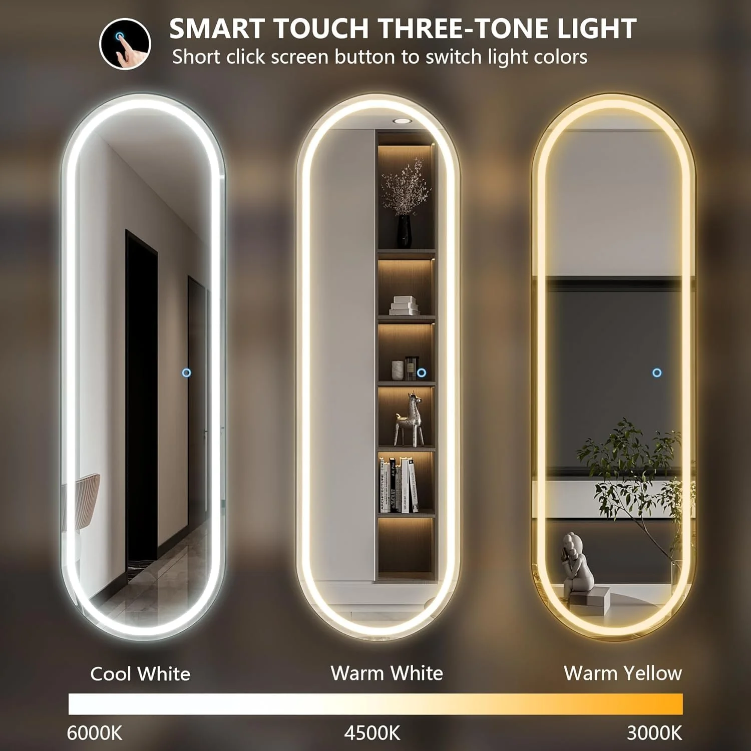 آینه قدی بیضی شکل Vparty با چراغ، آینه دیواری روشن 160 * 60 سانتی متر، آینه تمام قد، آینه دیواری، نور صورت با قابلیت تنظیم نور و 3 رنگ نورپردازی برای اتاق خواب، nhmr-41 آینه قدی بیضی شکل Vparty با چراغ، آینه دیواری روشن 160 * 60 سانتی متر، آینه تمام قد، آینه دیواری، نور صورت با قابلیت تنظیم نور و 3 رنگ نورپردازی برای اتاق خواب، nhmr-41