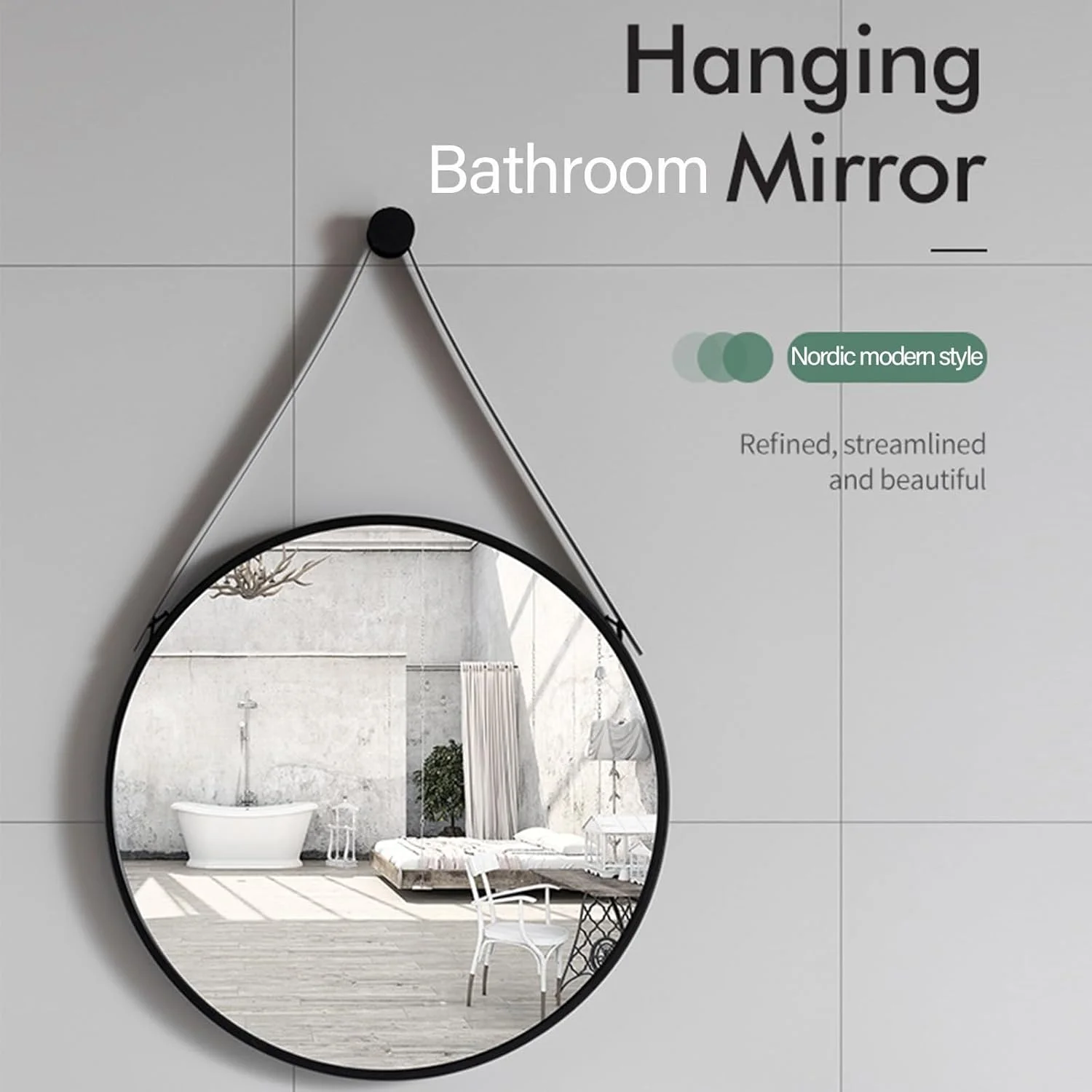 آینه دیواری گرد مشکی آویز Vparty - قاب فلزی دایره ای 60x60 سانتی متر و بند چرمی قابل تنظیم، آینه گرد دکور دیوار برای آرایش، آینه توالت و حمام آینه دیواری گرد مشکی آویز Vparty - قاب فلزی دایره ای 60x60 سانتی متر و بند چرمی قابل تنظیم، آینه گرد دکور دیوار برای آرایش، آینه توالت و حمام