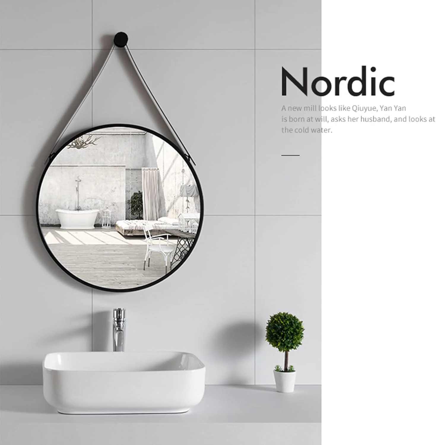 آینه دیواری گرد مشکی آویز Vparty - قاب فلزی دایره ای 60x60 سانتی متر و بند چرمی قابل تنظیم، آینه گرد دکور دیوار برای آرایش، آینه توالت و حمام آینه دیواری گرد مشکی آویز Vparty - قاب فلزی دایره ای 60x60 سانتی متر و بند چرمی قابل تنظیم، آینه گرد دکور دیوار برای آرایش، آینه توالت و حمام