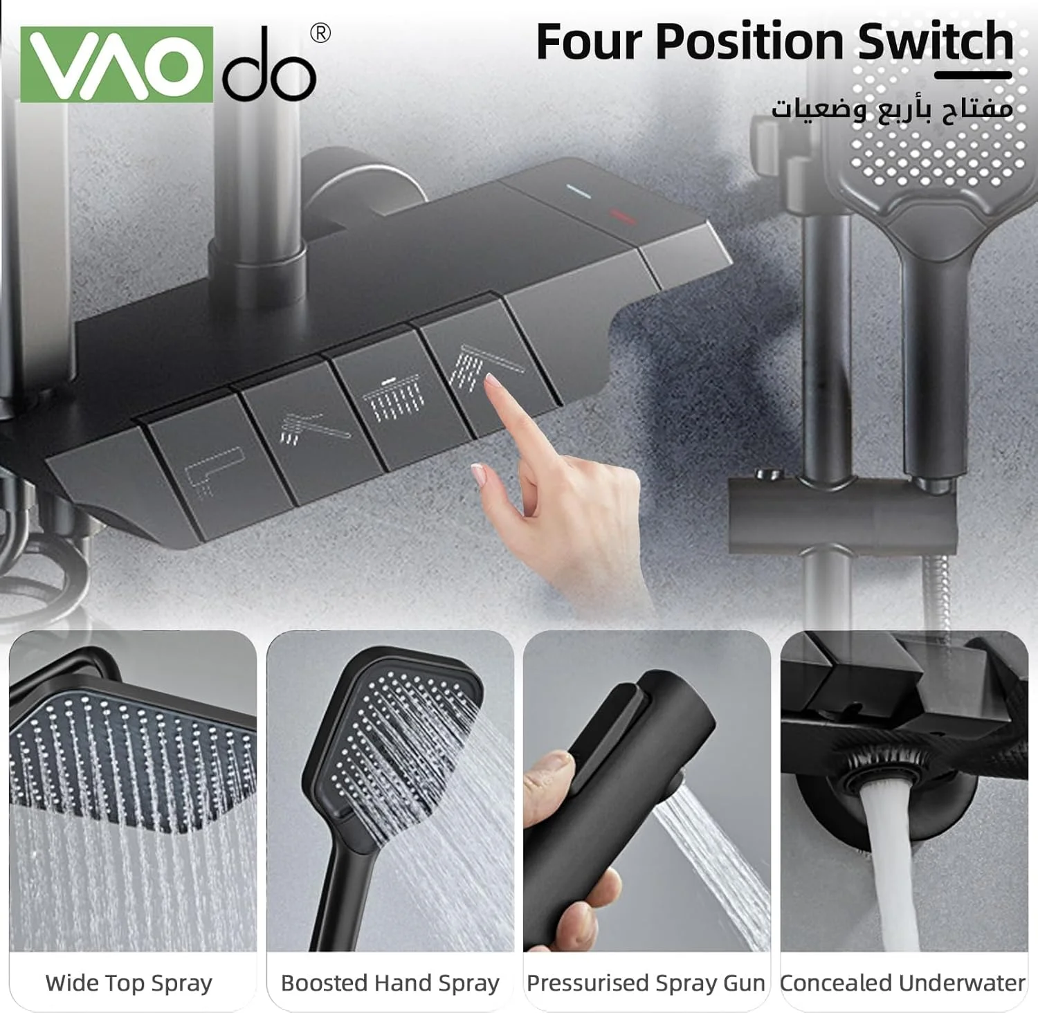 سیستم دوش VAODO، ست شیر دوش 4 حالته با کلیدهای پیانویی، با سردوش بارانی، دوش دستی، خروجی آب وان، اسپری بیده، حالت های خروجی آب قابل تنظیم و آب گرم و سرد، مشکی سیستم دوش VAODO، ست شیر دوش 4 حالته با کلیدهای پیانویی، با سردوش بارانی، دوش دستی، خروجی آب وان، اسپری بیده، حالت های خروجی آب قابل تنظیم و آب گرم و سرد، مشکی