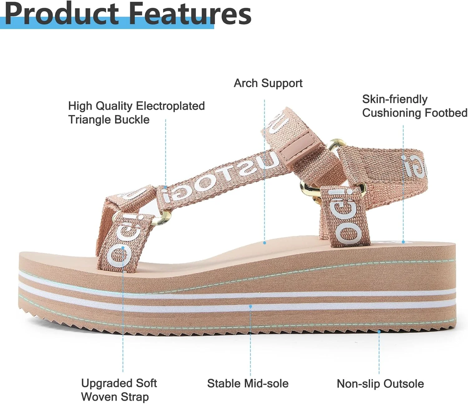 صندل های پلتفرم ورزشی زنانه Ustogi، دارای قوس حمایتی، مناسب پیاده روی، ورزش، ساحل، آب، صندل های طبی قابل تنظیم، سبک وزن، راحت، دارای بالشتک، مناسب تابستان، صندل زنانه زیبا