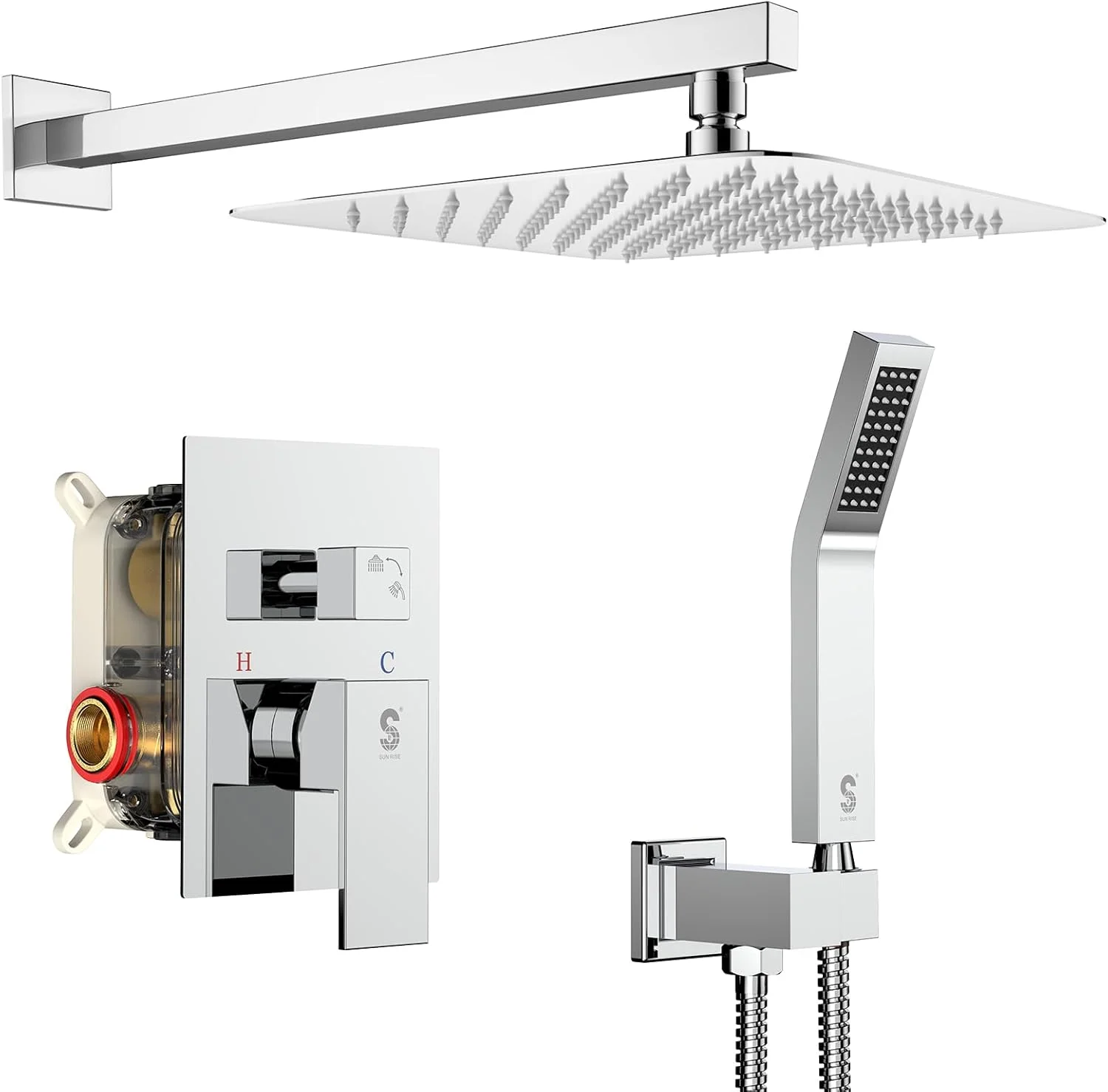ست دوش حمام لوکس بارانی SR SUN RISE SRSH-D1203، 12 اینچی، سیستم سر دوش بارانی دیواری، شیر دوش کروم براق (شامل بدنه و تریم شیرآلات)