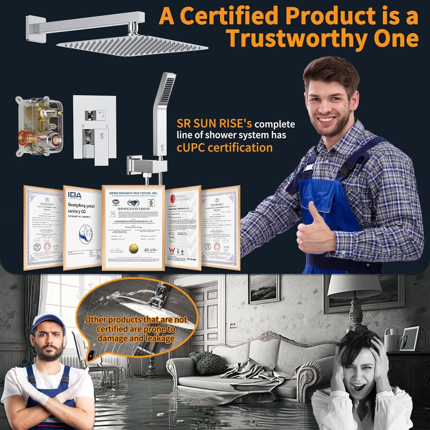 ست دوش حمام لوکس بارانی SR SUN RISE SRSH-D1203، 12 اینچی، سیستم سر دوش بارانی دیواری، شیر دوش کروم براق (شامل بدنه و تریم شیرآلات)