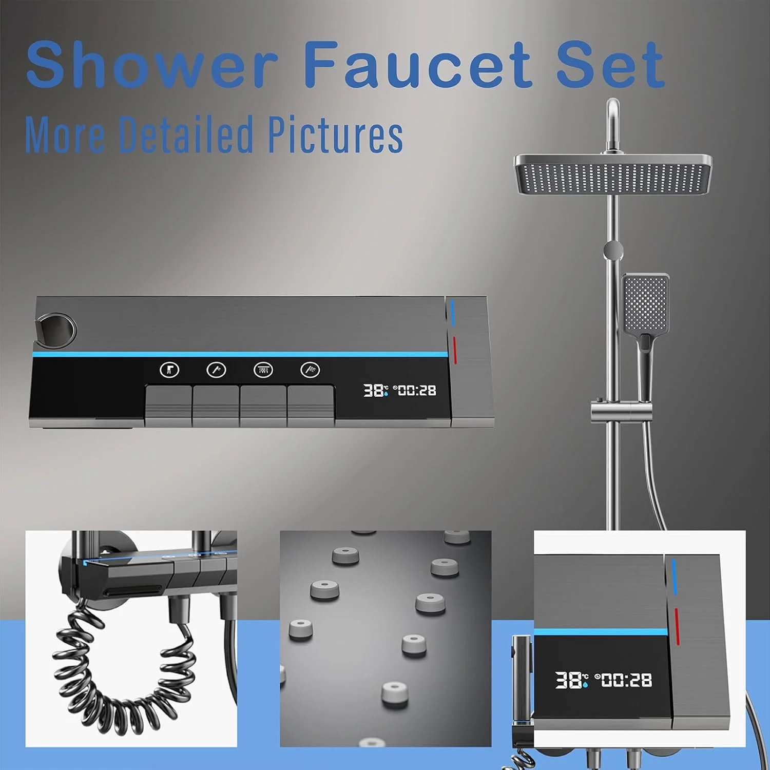 ست شیر دوش REAXOAL، شیر دوش قابل تعویض با 4 حالت مختلف آب، خروجی آب، دوش دستی، دوش بارانی و اسپری دستی، مجهز به نمایشگر دما و زمان آب، نصب دیواری برای حمام ست شیر دوش REAXOAL، شیر دوش قابل تعویض با 4 حالت مختلف آب، خروجی آب، دوش دستی، دوش بارانی و اسپری دستی، مجهز به نمایشگر دما و زمان آب، نصب دیواری برای حمام