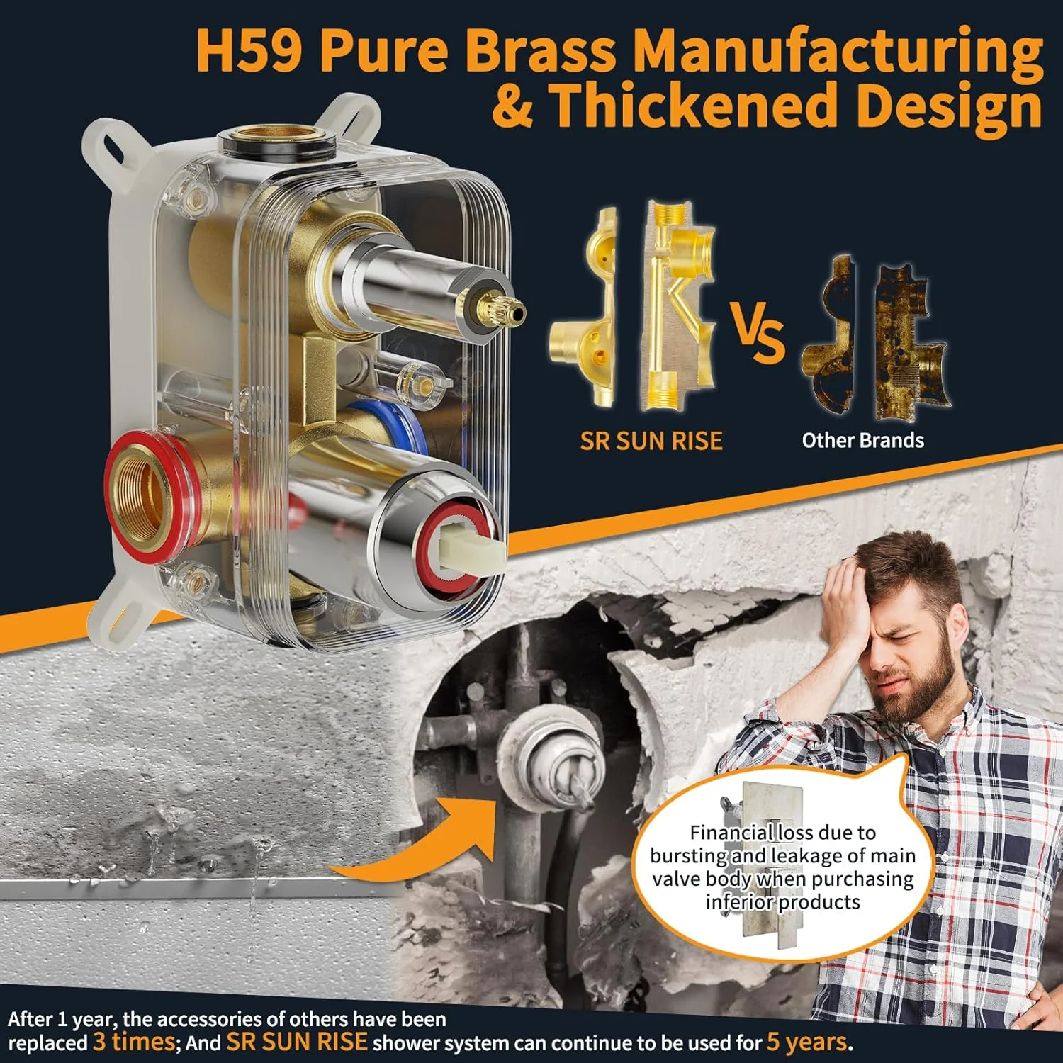 ست دوش حمام لوکس بارانی SR SUN RISE SRSH-D1203، 12 اینچی، سیستم سر دوش بارانی دیواری، شیر دوش کروم براق (شامل بدنه و تریم شیرآلات)