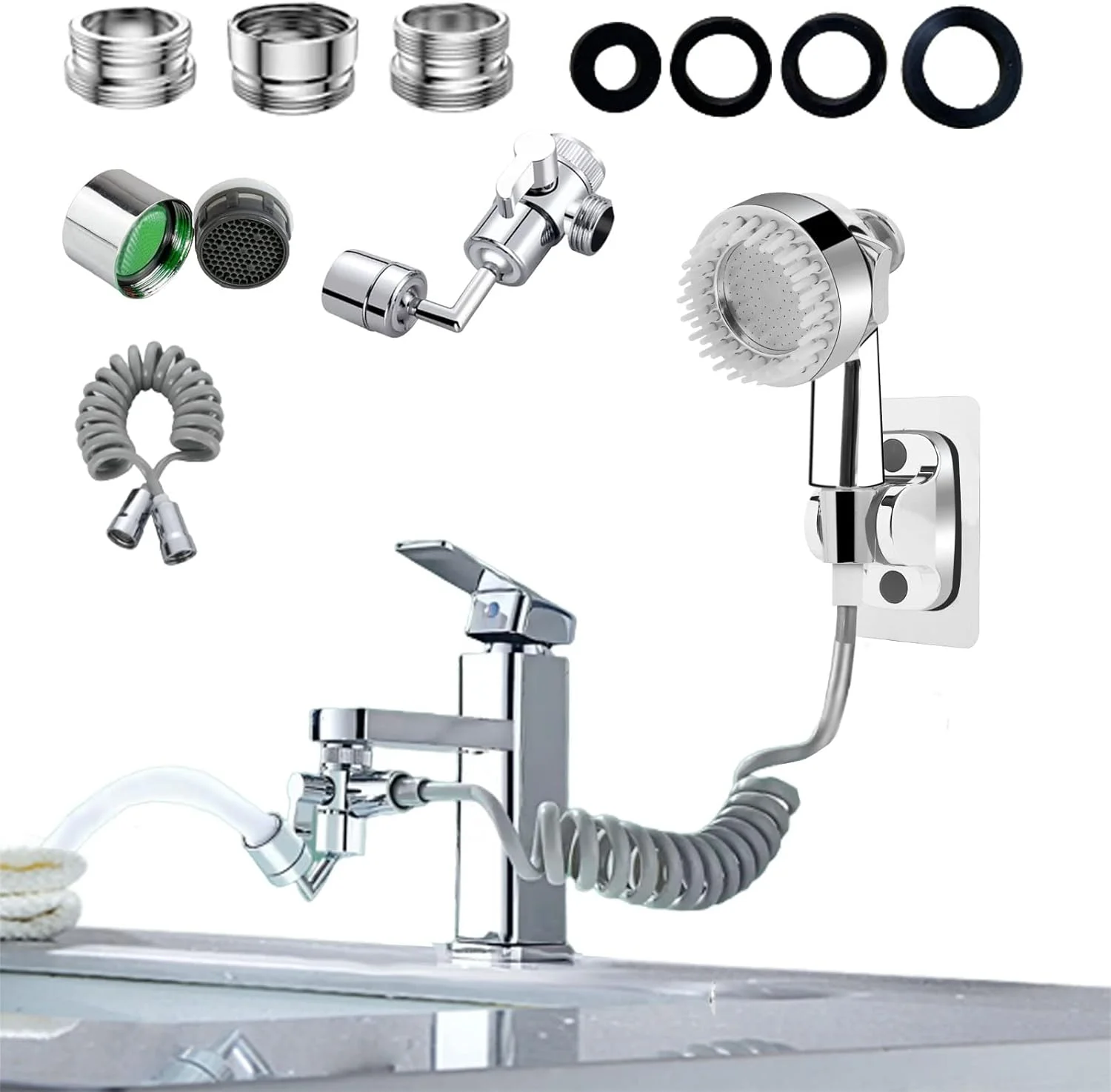 دوش دستی ONSerca برای سینک | سر دوش شطاف قابل حمل با 3 حالت اسپری به همراه هواساز سینک با قابلیت چرخش 720 درجه، یونیورسال با آداپتورهای 22 میلی‌متری، 24 میلی‌متری، G1/2 و شلنگ تلسکوپی 2 متری، 1 ست، نقره‌ای