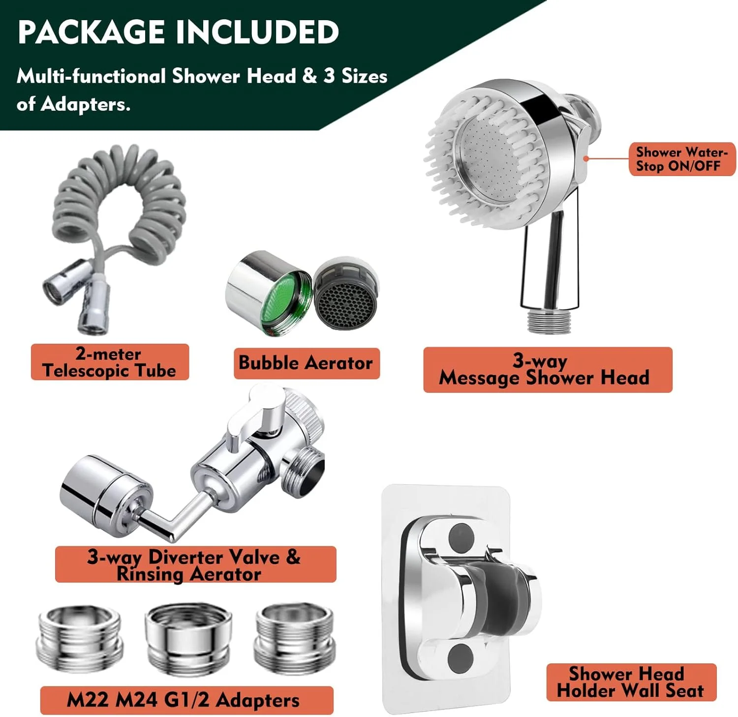 دوش دستی ONSerca برای سینک | سر دوش شطاف قابل حمل با 3 حالت اسپری به همراه هواساز سینک با قابلیت چرخش 720 درجه، یونیورسال با آداپتورهای 22 میلیمتری، 24 میلیمتری، G1/2 و شلنگ تلسکوپی 2 متری، 1 ست، نقرهای دوش دستی ONSerca برای سینک | سر دوش شطاف قابل حمل با 3 حالت اسپری به همراه هواساز سینک با قابلیت چرخش 720 درجه، یونیورسال با آداپتورهای 22 میلیمتری، 24 میلیمتری، G1/2 و شلنگ تلسکوپی 2 متری، 1 ست، نقرهای