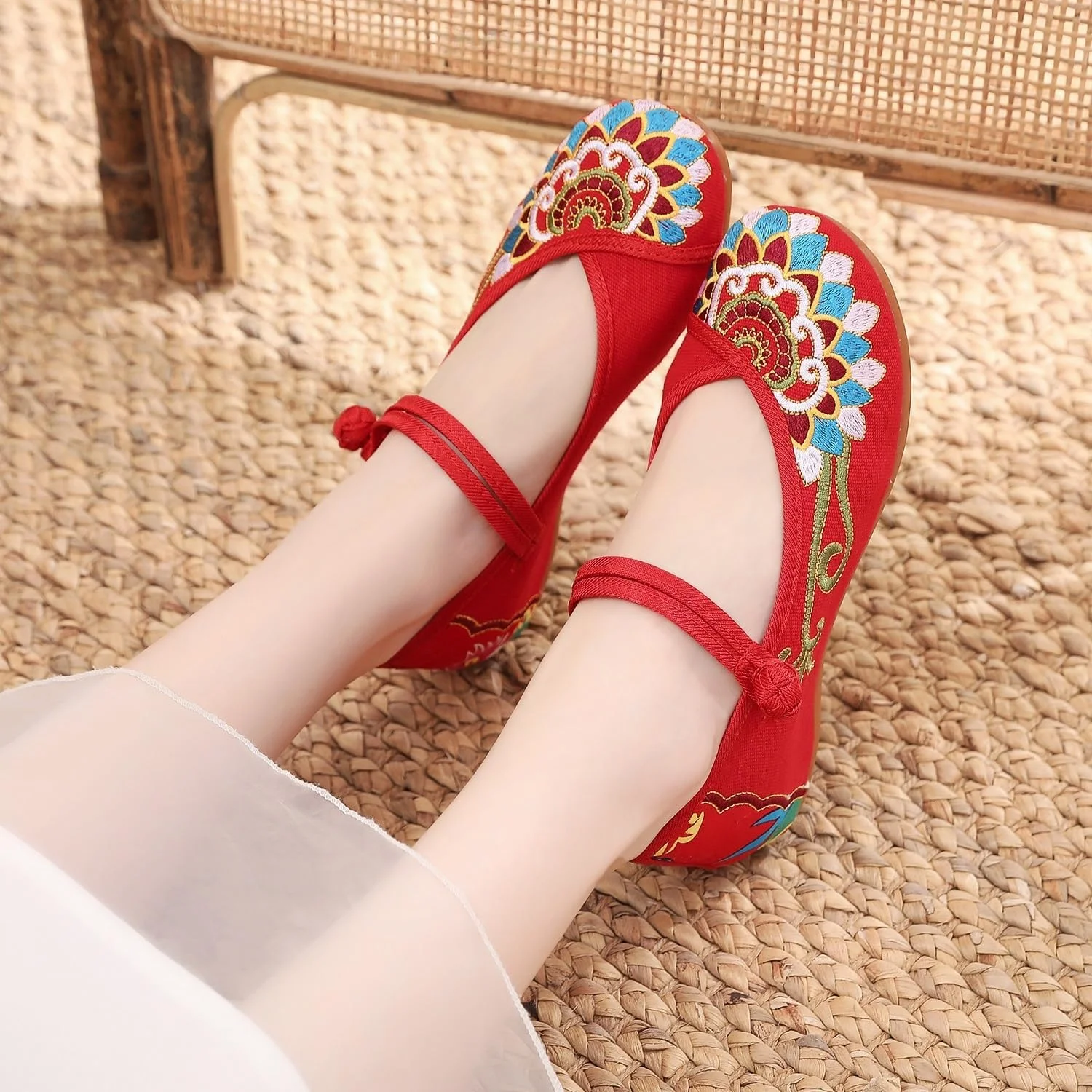 کفش های زنانه سبک قومی رترو با بند مچ پا، پنجه گرد، پاشنه کوتاه، راحت، مدل مری جین، کفش رقص، مناسب چئونگسام، پیاده روی، نمایش، یوگا و باله