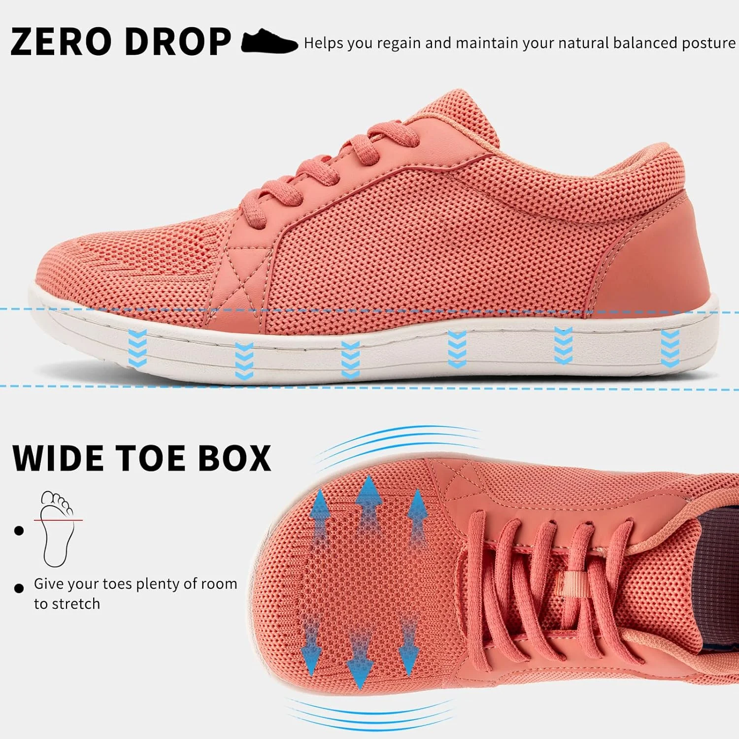 کفش های بارهفوت زنانه با جعبه انگشت پهن، کفش های پیاده روی مینیمالیستی با زیره بدون پاشنه، کتانی تنفسی و شیک
