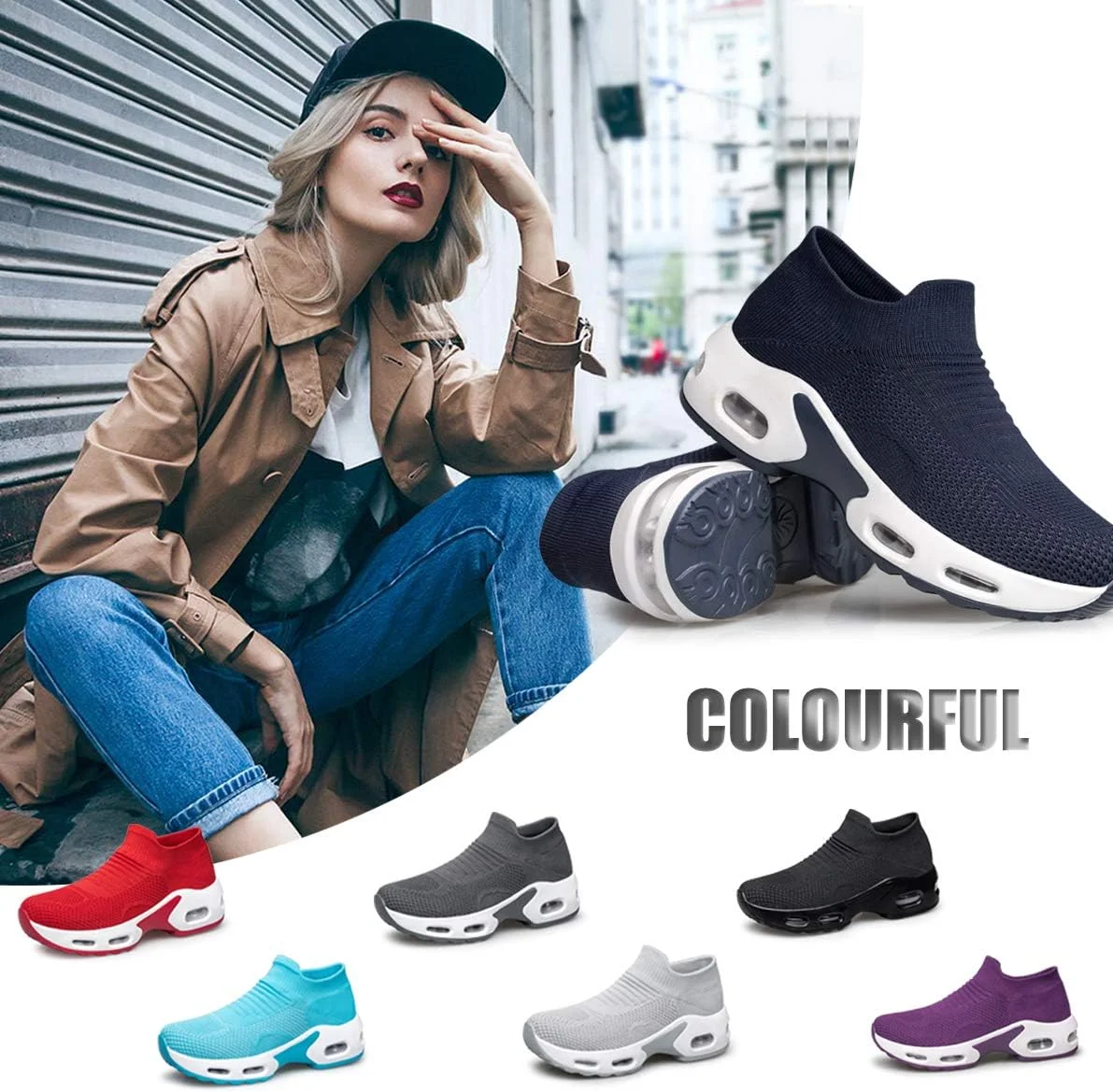 کفش پیاده روی زنانه YHOON مدل Slip-on - کفش جورابی زنانه مناسب پرستاری، کار، دارای بالشتک هوا، توری، مناسب دویدن و ورزش های سبک