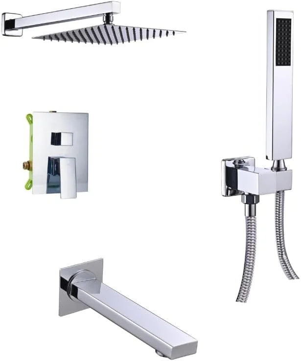 سیستم دوش حمام Ishfaq Innovations با سردوش مربعی 50 سانتی‌متری بارانی، جت‌های ماساژور بدن و شیر پرکن وان (رنگ کروم)