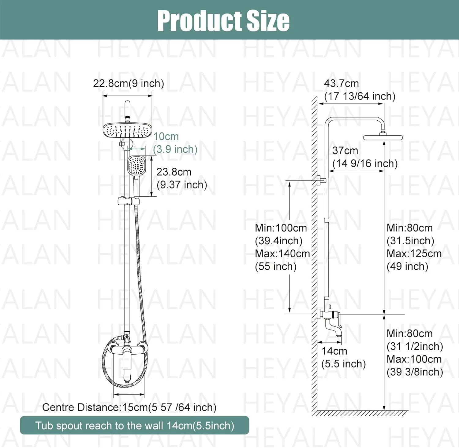 ست دوش حمام روکار هیلان با 3 عملکرد، شیر دوش حمام با سردوش بارانی 9 اینچی، اسپری دستی، مجموعه کامل با اسپری دستی قابل تنظیم، شیر پرکن وان، نصب دیواری، مشکی مات