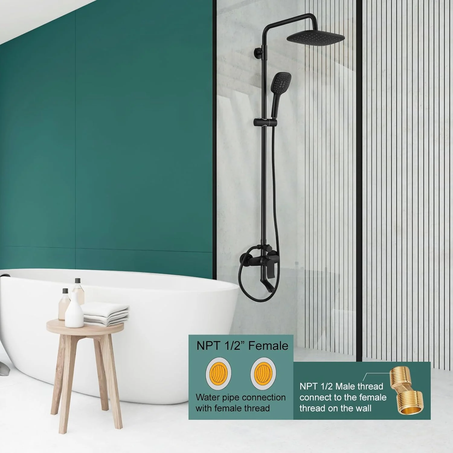 ست دوش حمام روکار هیلان با 3 عملکرد، شیر دوش حمام با سردوش بارانی 9 اینچی، اسپری دستی، مجموعه کامل با اسپری دستی قابل تنظیم، شیر پرکن وان، نصب دیواری، مشکی مات