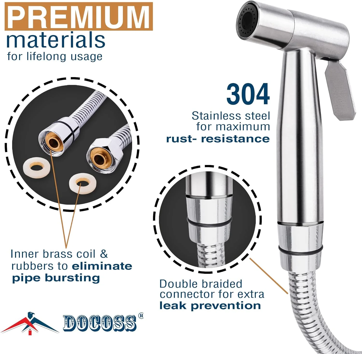 اسپری بهداشتی توالت دوش حمام استیل ضد زنگ گرید 304 DOCOSS، مقاوم با شلنگ انعطاف پذیر 1.2 متری، شیر آب پاش برای لوازم جانبی حمام (نقره ای) اسپری بهداشتی توالت دوش حمام استیل ضد زنگ گرید 304 DOCOSS، مقاوم با شلنگ انعطاف پذیر 1.2 متری، شیر آب پاش برای لوازم جانبی حمام (نقره ای)