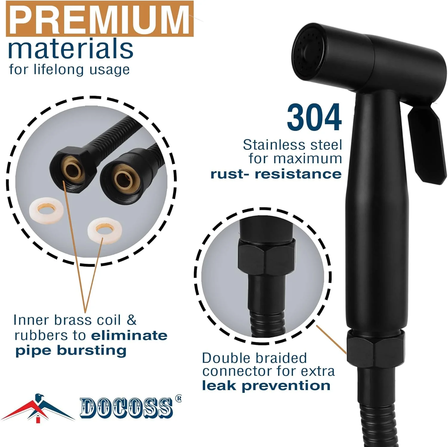 اسپری بهداشتی توالت فرنگی داکوس مدل DOCOSS- ساخته شده از استیل ضد زنگ گرید 304، مناسب برای سرویس بهداشتی، با شلنگ دوش 1.2 متری، ست شیر توالت (مشکی) اسپری بهداشتی توالت فرنگی داکوس مدل DOCOSS- ساخته شده از استیل ضد زنگ گرید 304، مناسب برای سرویس بهداشتی، با شلنگ دوش 1.2 متری، ست شیر توالت (مشکی)