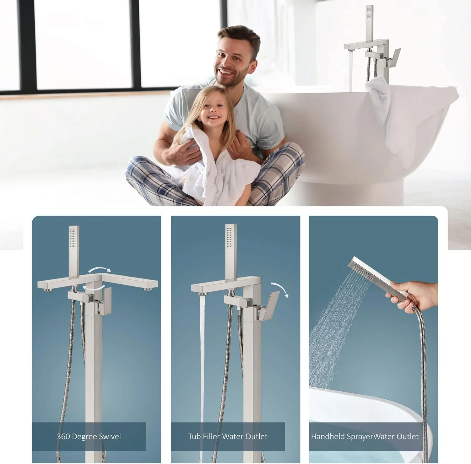 شیر وان حمام ایستاده نیکل برس خورده Aolemi، شیر برنجی تک دستگیره نصب شده روی زمین با دوش دستی و خروجی میکسر چرخان