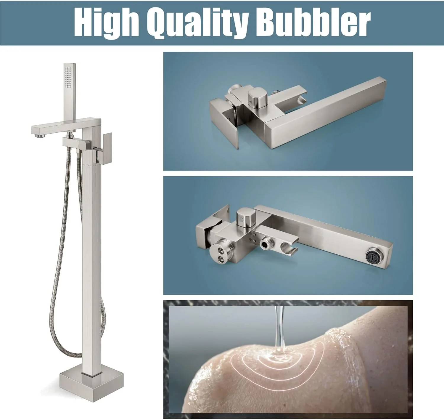 شیر وان حمام ایستاده نیکل برس خورده Aolemi، شیر برنجی تک دستگیره نصب شده روی زمین با دوش دستی و خروجی میکسر چرخان