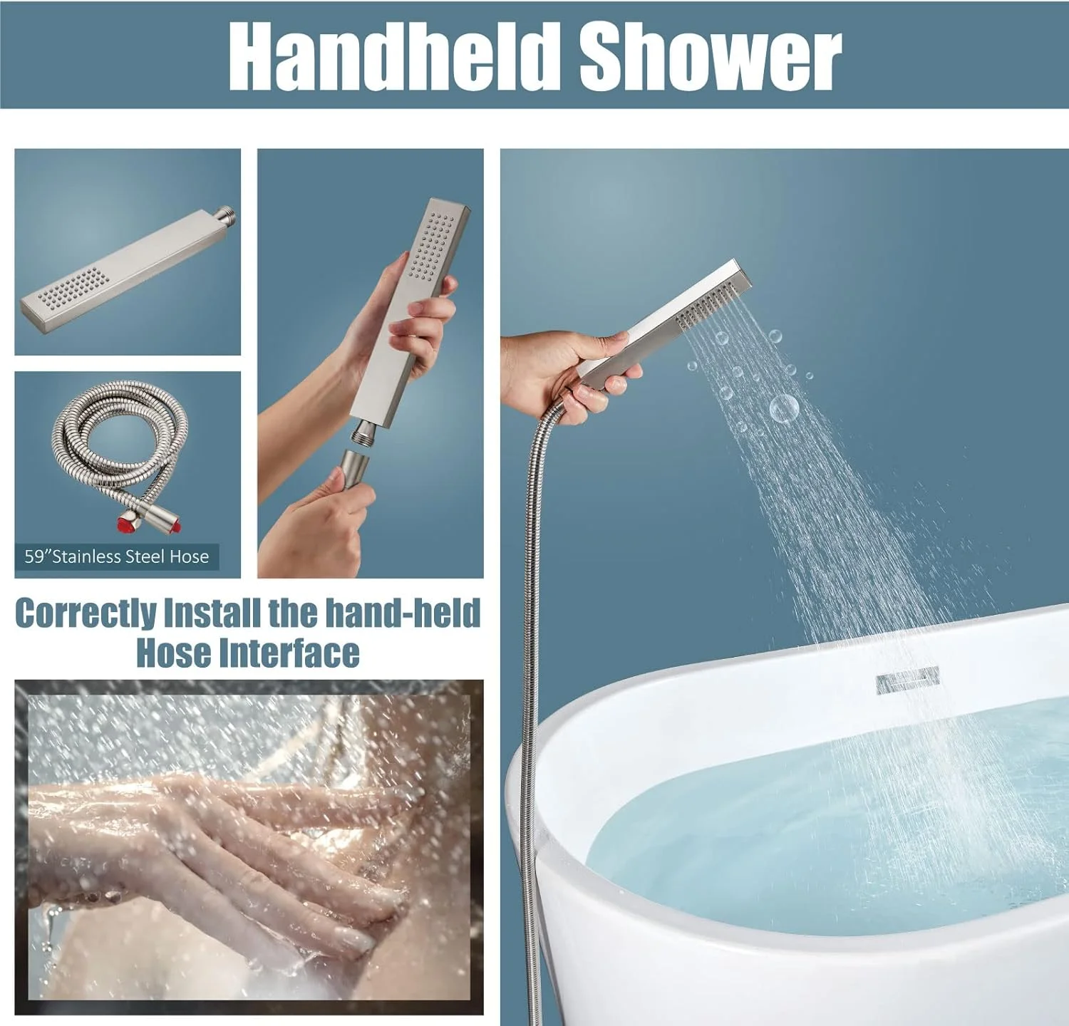 شیر وان حمام ایستاده نیکل برس خورده Aolemi، شیر برنجی تک دستگیره نصب شده روی زمین با دوش دستی و خروجی میکسر چرخان