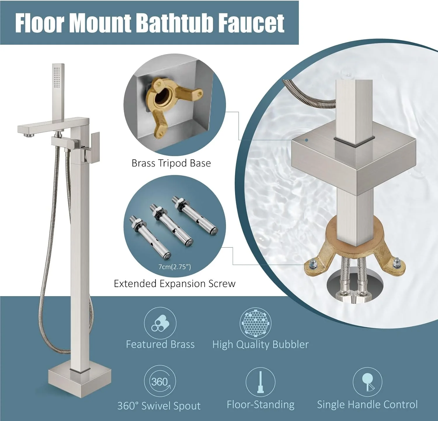 شیر وان حمام ایستاده نیکل برس خورده Aolemi، شیر برنجی تک دستگیره نصب شده روی زمین با دوش دستی و خروجی میکسر چرخان