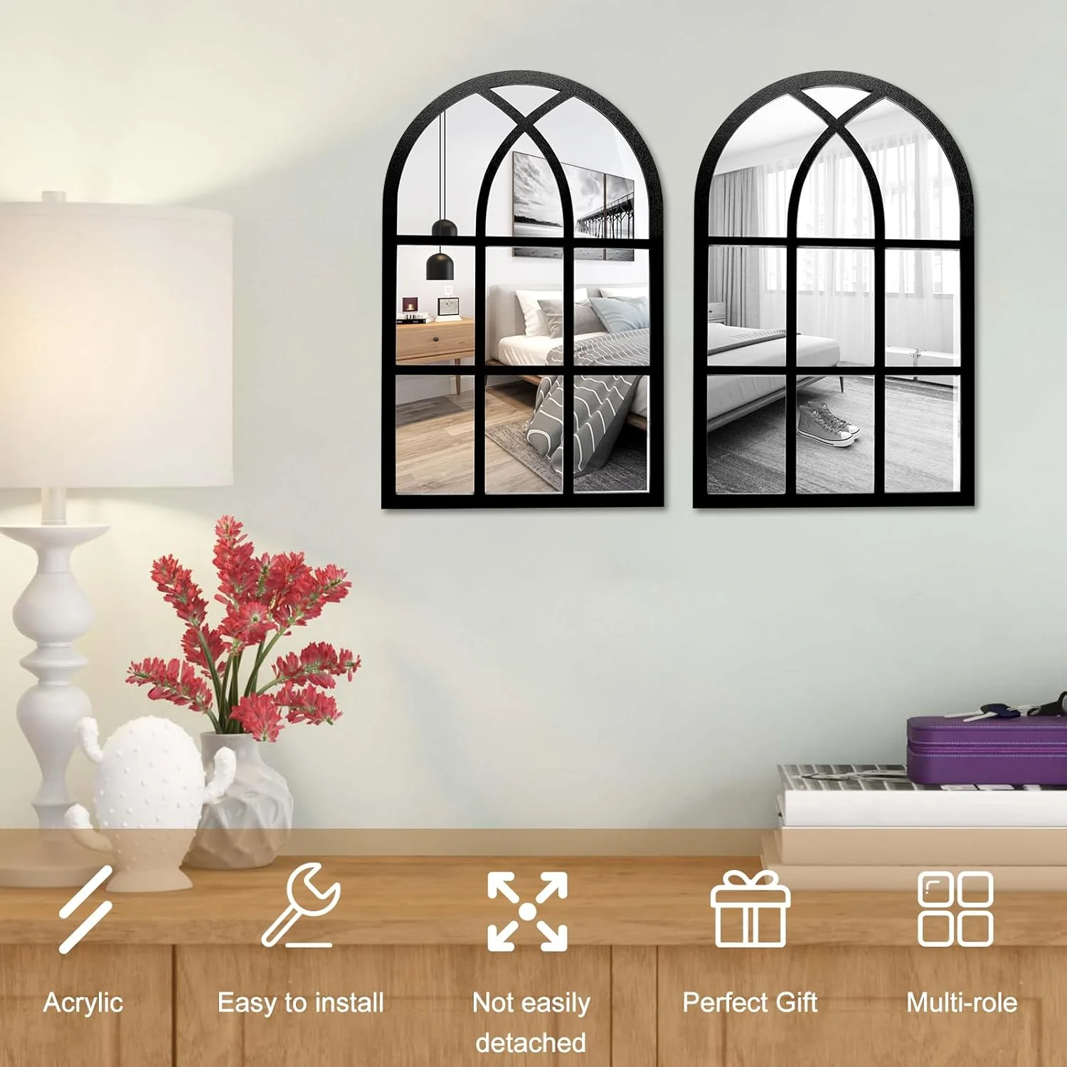 آینه دیواری پنجره قوسی 2 عددی برای دکور دیوار، آینه دیواری اکریلیک طرح قدیمی روستایی، آینه خودچسب به شکل پنجره، قاب آینه پنجره ای برای دکور دیوار اتاق نشیمن، حمام، اتاق خواب، آشپزخانه 27x42 سانتی متر (مشکی) آینه دیواری پنجره قوسی 2 عددی برای دکور دیوار، آینه دیواری اکریلیک طرح قدیمی روستایی، آینه خودچسب به شکل پنجره، قاب آینه پنجره ای برای دکور دیوار اتاق نشیمن، حمام، اتاق خواب، آشپزخانه 27x42 سانتی متر (مشکی)