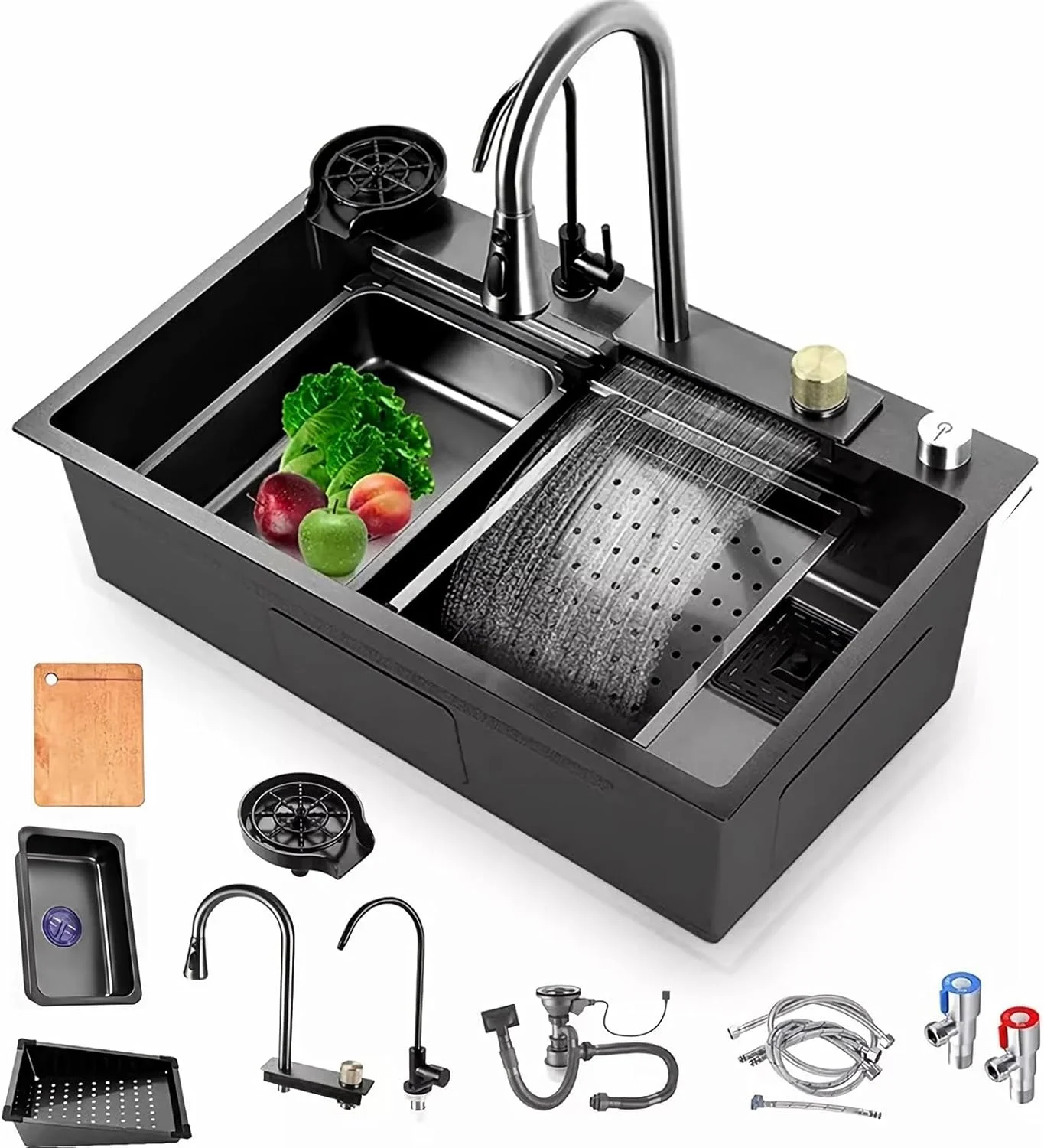 سینک آبشاری چند منظوره، سینک کاربردی، سینک توکار با اتصالات، استیل ضد زنگ مشکی، مناسب برای بارها، بالکن ها، منازل، آشپزخانه ها (خاکستری تیره، 85x45 سانتی متر)