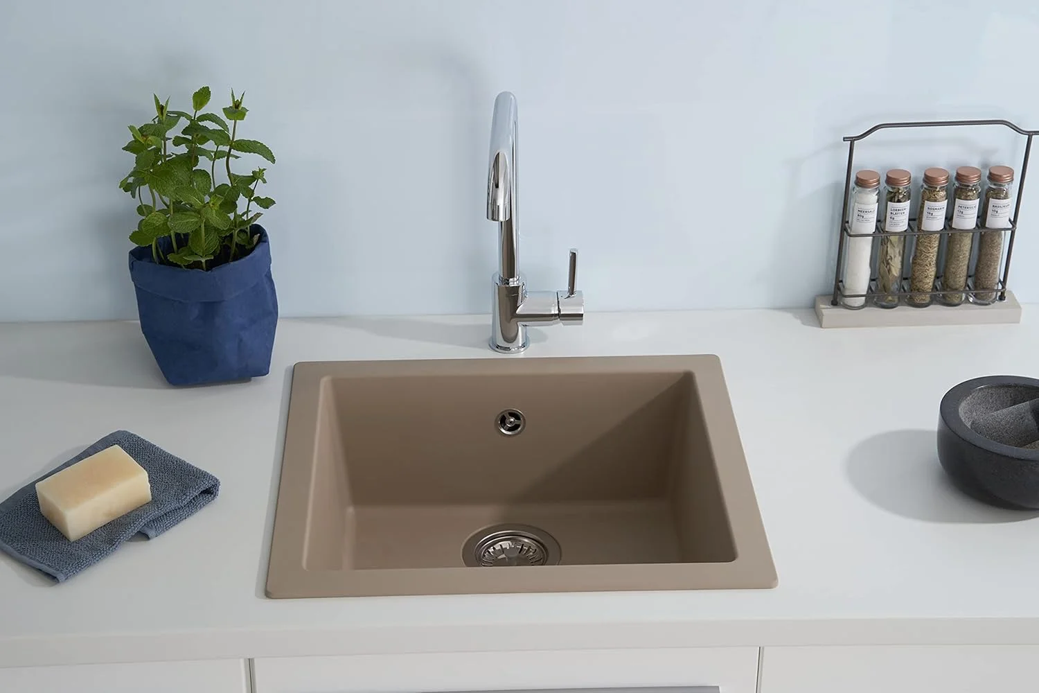 سینک گرانیتی رسپکتا مدل اوهایو رنگ بژ شنی / 1 لگن توکار 50x44 سانتی متر / مناسب برای کابینت های زیر سینک با عرض 50 سانتی متر