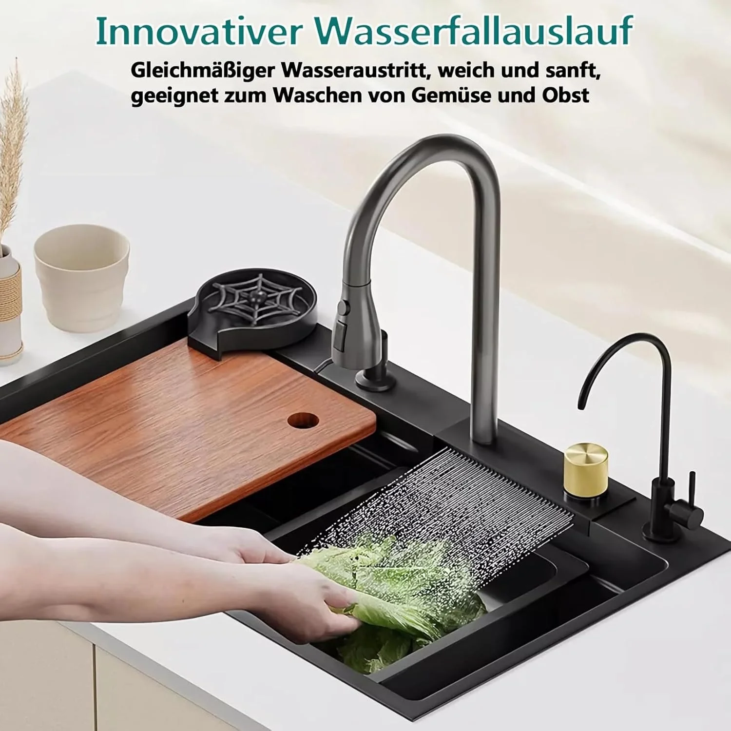سینک آبشاری چند منظوره، سینک کاربردی، سینک توکار با اتصالات، استیل ضد زنگ مشکی، مناسب برای بارها، بالکن ها، منازل، آشپزخانه ها (خاکستری تیره، 85x45 سانتی متر)