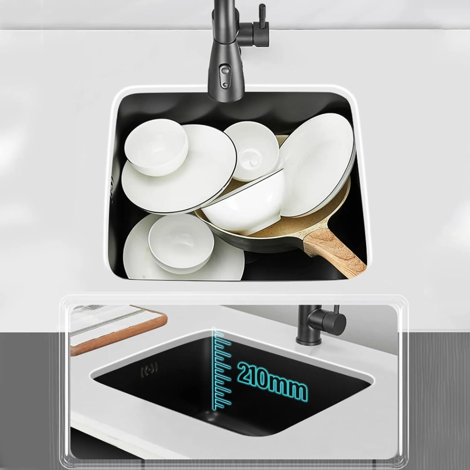 سینک توکار مشکی، سینک کوچک آشپزخانه، سینک زیرکابینتی، شیر آب مشکی بیرون کشیدنی با لوازم جانبی کامل، 35X33CM