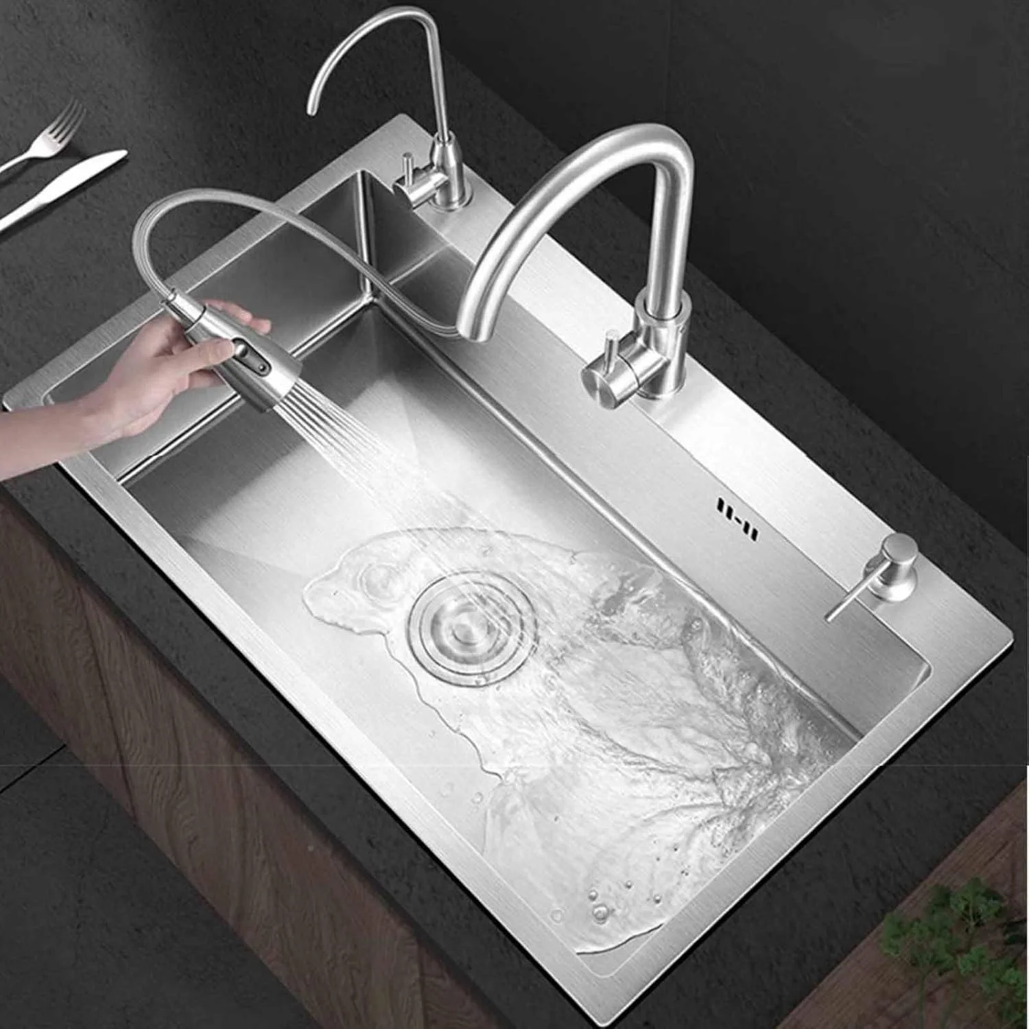 سینک ظرفشویی چند منظوره تجاری، سینک تک لگنه استیل ضد زنگ، سینک آشپزخانه توکار با شیر آب بیرون کشیدنی، جنس نانو استیل ضد زنگ، بادوام، ضد خش، مناسب برای