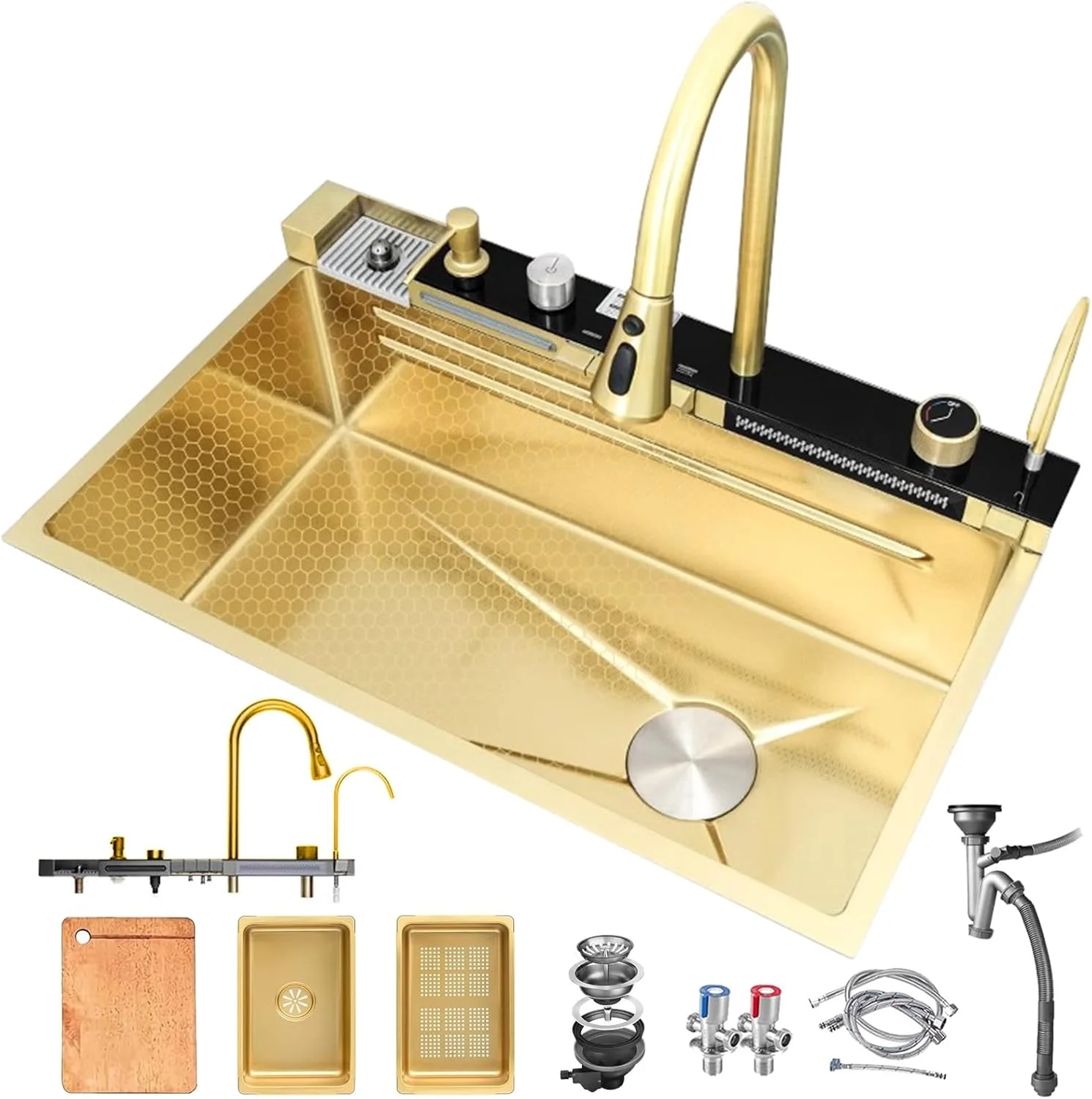 سینک ظرفشویی تک لگنه، سینک آبشاری، سینک بار، سینک مزرعه/پایه آبشاری استیل 304 توکار و لوازم جانبی با صفحه نمایش دیجیتال چند منظوره (C