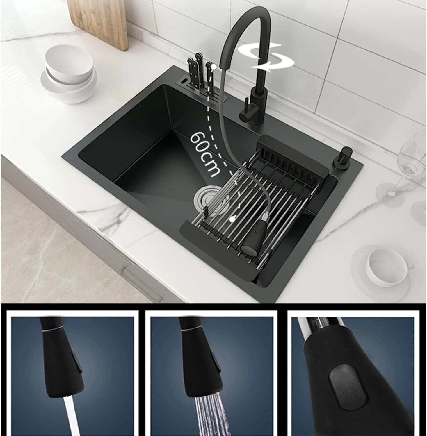 سینک ظرفشویی تک لگنه آشپزخانه، با جای چاقو استیل 304 سینک توکار خانگی با ظرفیت بزرگ سینک بالکن