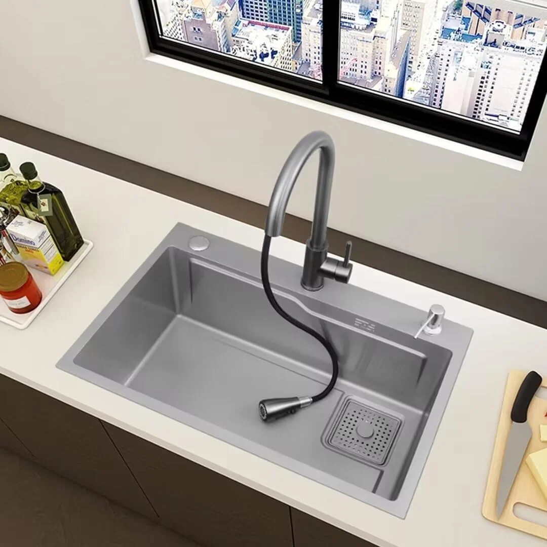 سینک ظرفشویی بزرگ استیل ضد زنگ آشپزخانه، سینک توکار یا زیرکار با مجموعه شیرآلات کشویی مناسب برای آشپزخانه، اتاق غذاخوری