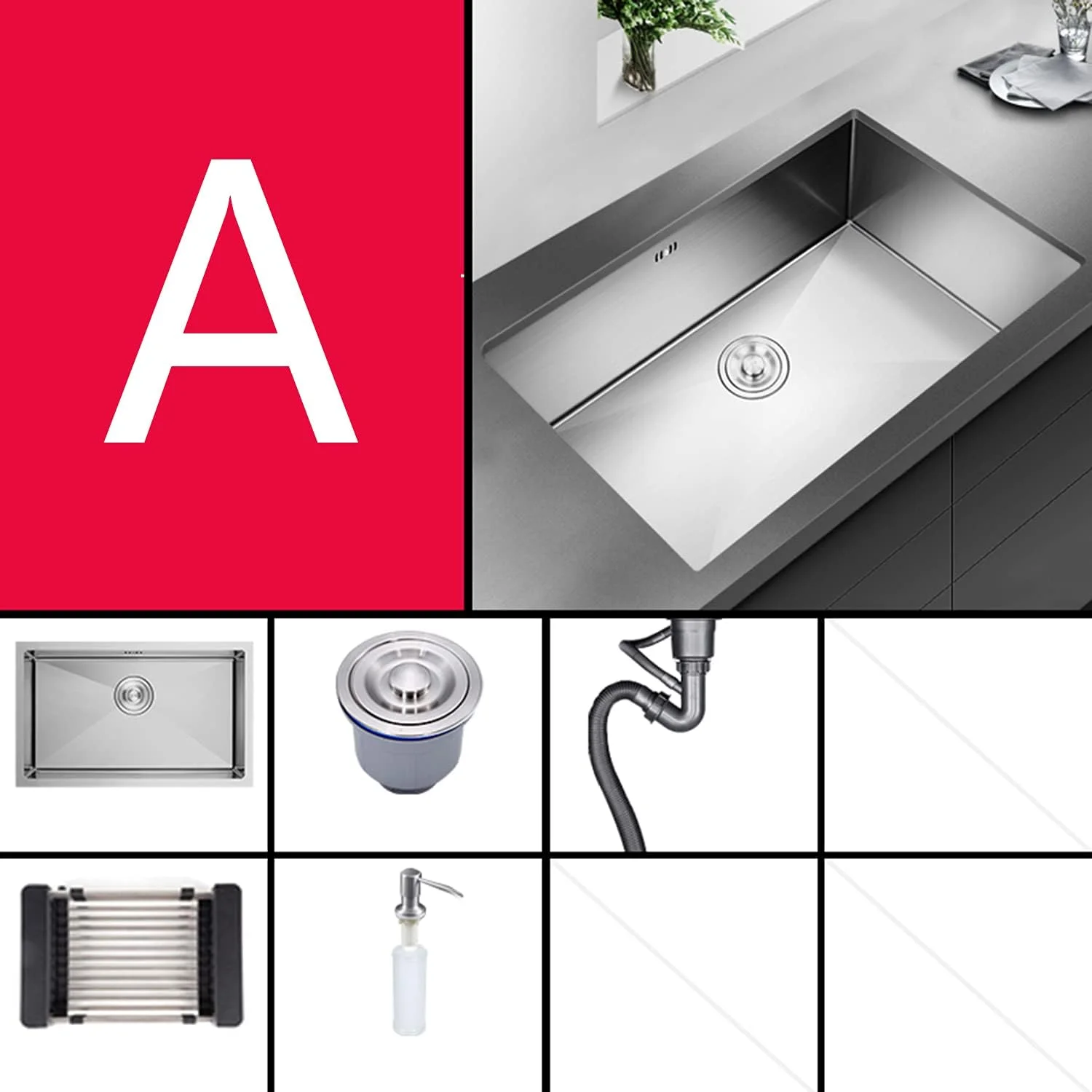 سینک ظرفشویی، سینک بزرگ دست ساز استیل 304، سینک توکار زیر صفحه ای، با سبد تخلیه جمع شونده، مجموعه تخلیه (A 80 * 44 * 21.5CM)