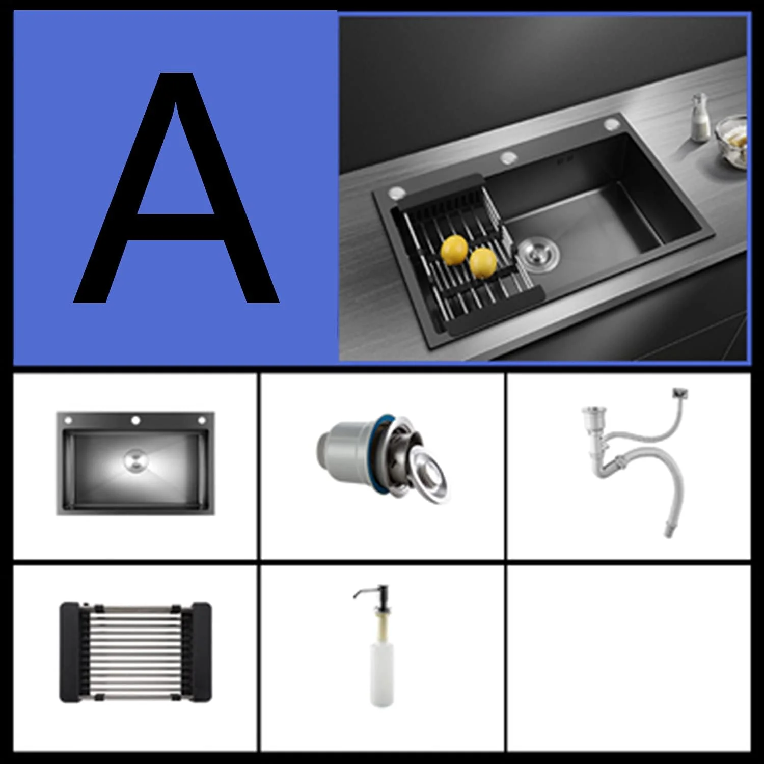 سینک ظرفشویی، سینک تک لگنه مشکی استیل 304، سینک ظرفشویی توکار با ظرفیت بزرگ در بار، به همراه مجموعه تخلیه (A 60 * 45 * 20cm)