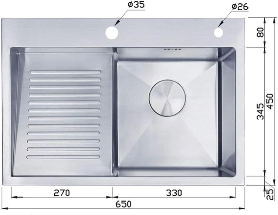 سینک ظرفشویی - سینک استیل تک لگنه زیرکابینتی با تخلیه داخلی، 70x37x22 سانتی متر