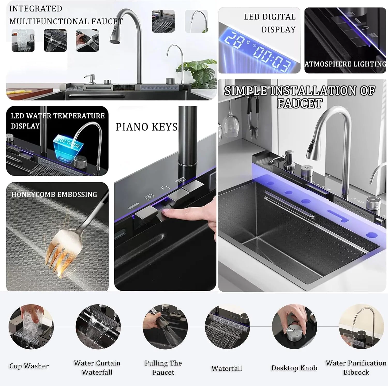 سینک ظرفشویی تک لگنه، سینک آبشاری، سینک بار، سینک مزرعه/پایه آبشاری استیل 304 توکار و لوازم جانبی با صفحه نمایش دیجیتال چند منظوره (C