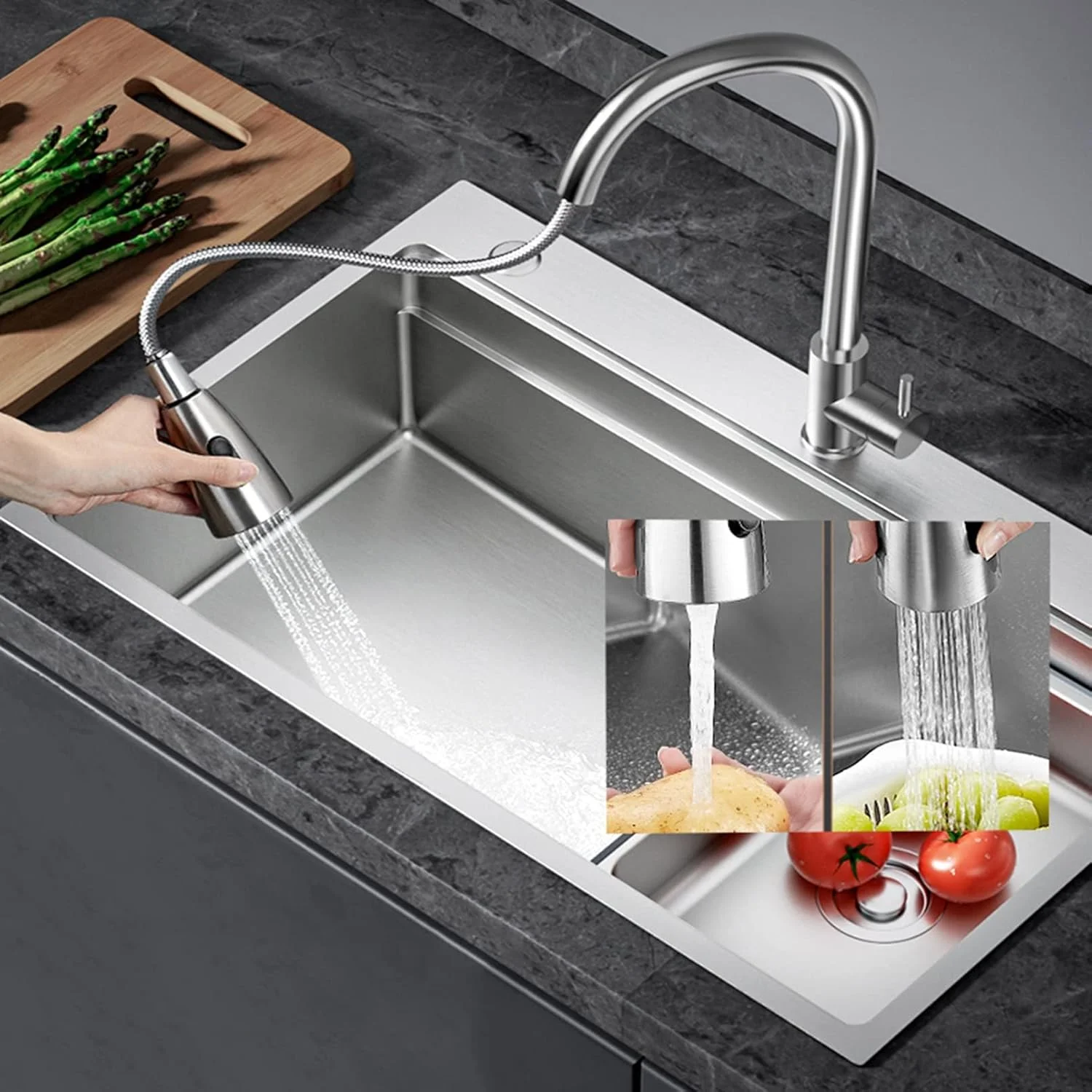 سینک ظرفشویی بزرگ نقره ای BDKSEXBF، سینک استیل، سینک خانگی و لگن سبزیجات، قابل نصب به صورت توکار یا روکار