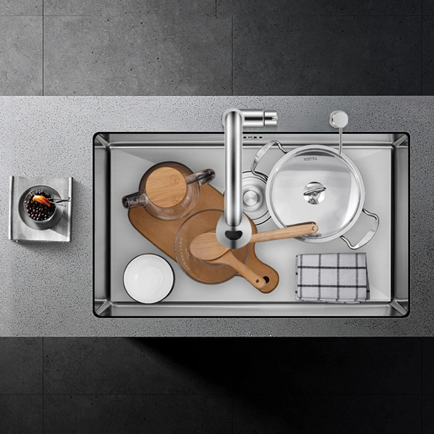 سینک ظرفشویی، سینک بزرگ دست ساز استیل 304، سینک توکار زیر صفحه ای، با سبد تخلیه جمع شونده، مجموعه تخلیه (A 80 * 44 * 21.5CM)