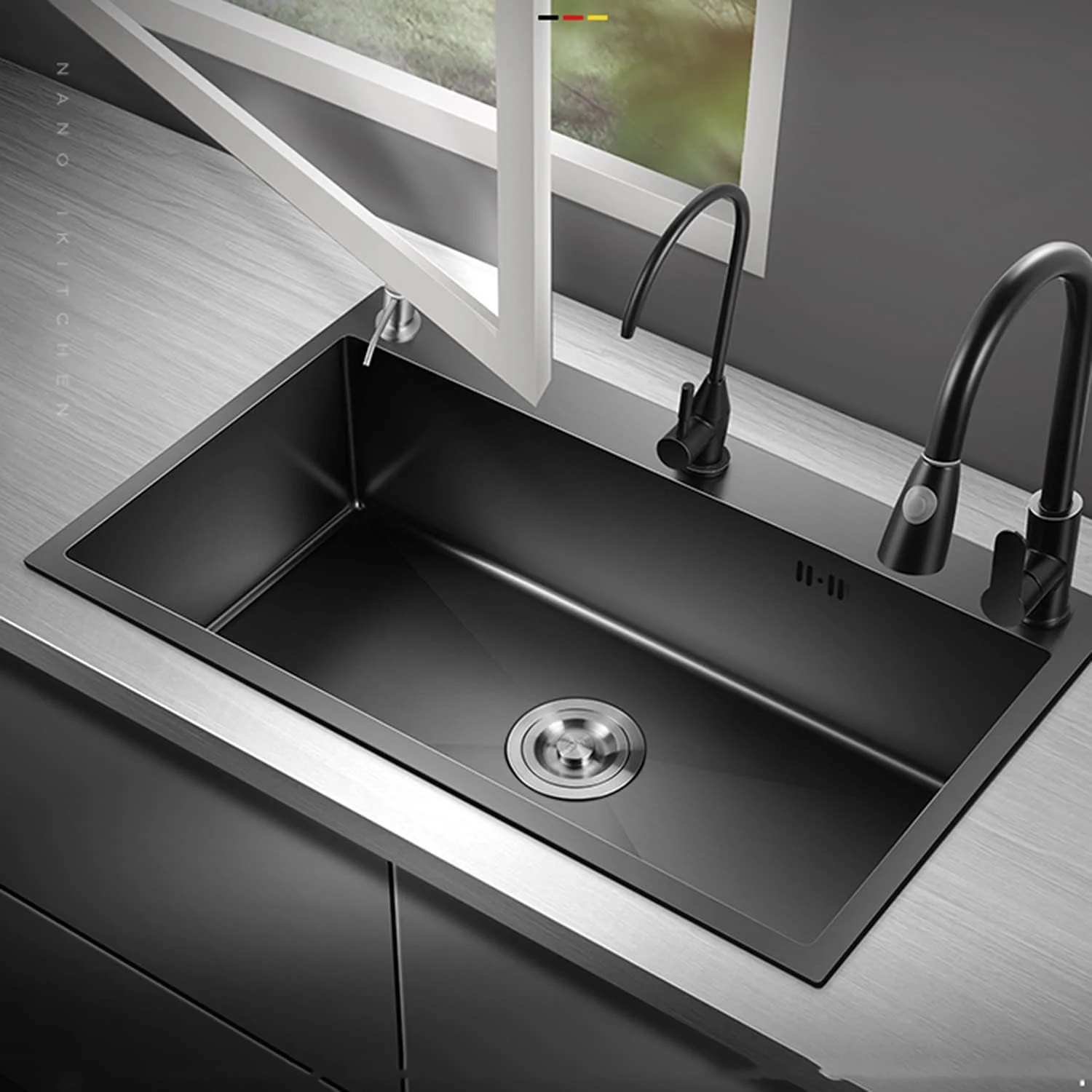 سینک ظرفشویی، سینک تک لگنه مشکی استیل 304، سینک ظرفشویی توکار با ظرفیت بزرگ در بار، به همراه مجموعه تخلیه (A 60 * 45 * 20cm)