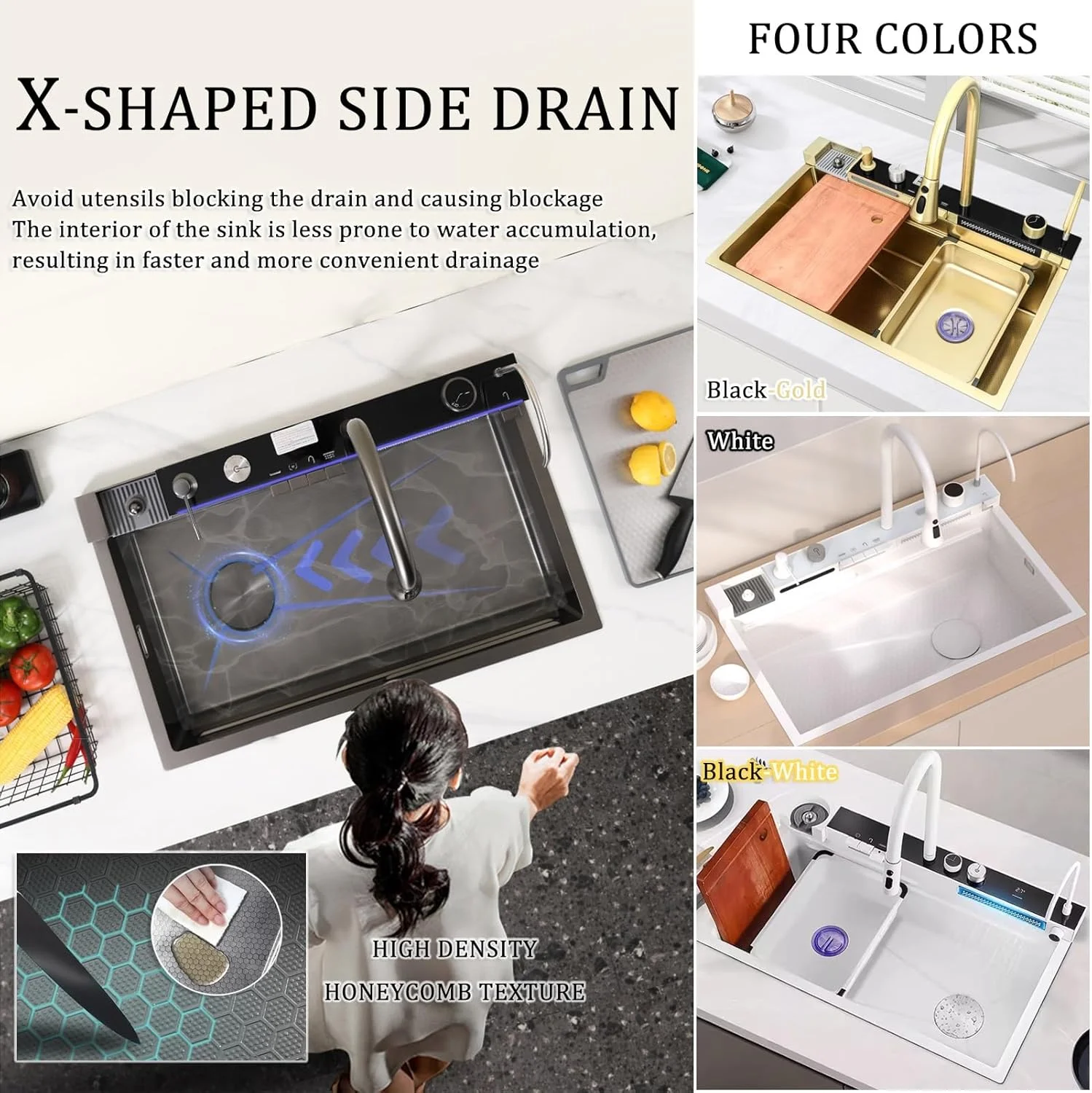 سینک ظرفشویی تک لگنه، سینک آبشاری، سینک بار، سینک مزرعه/پایه آبشاری استیل 304 توکار و لوازم جانبی با صفحه نمایش دیجیتال چند منظوره (C