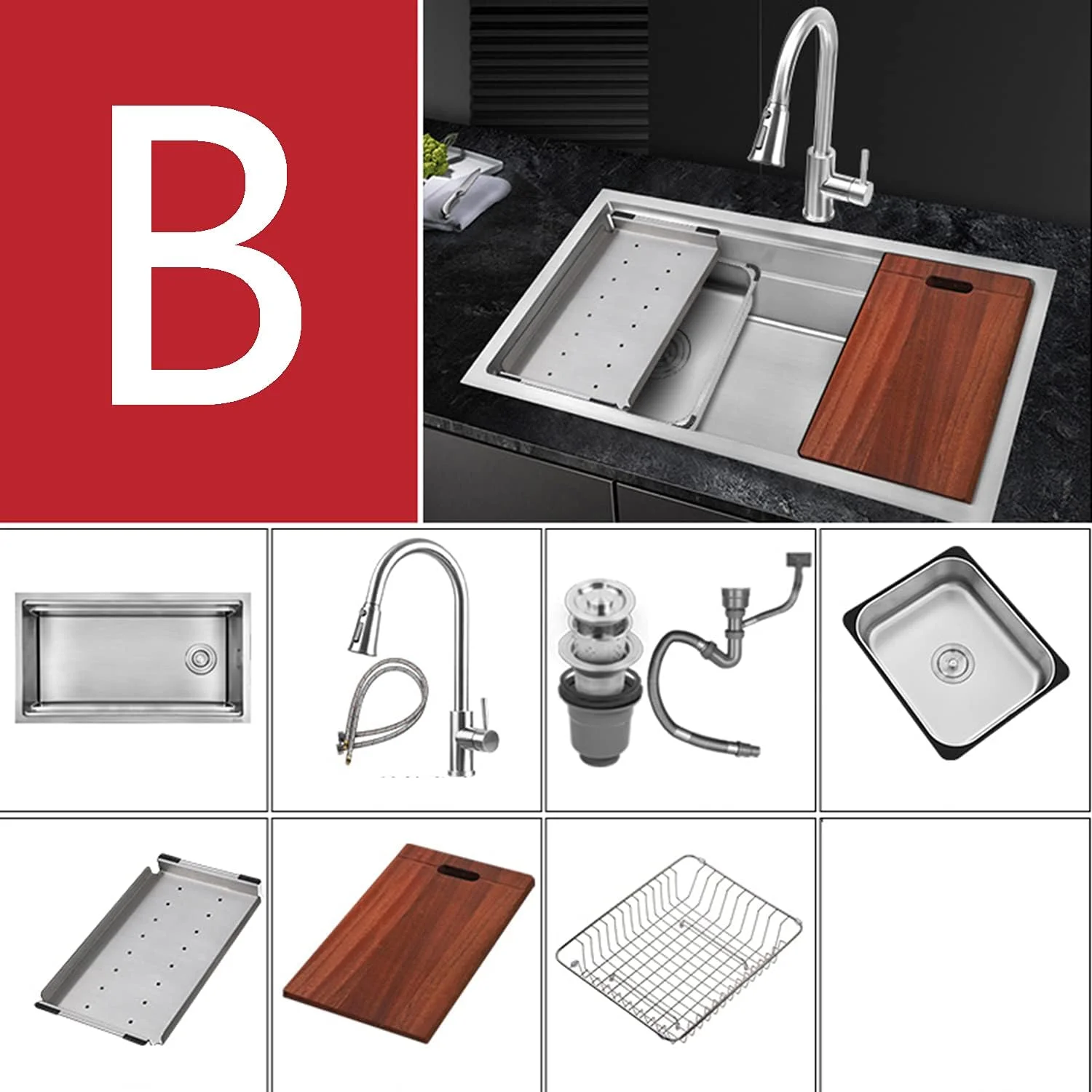 سینک ظرفشویی آشپزخانه، سینک استیل ضد زنگ 30 اینچی، سینک تک لگنه توکار، همراه با تخته برش چوبی، تخته یخ زدایی، مناسب برای میز کار رستوران (B)