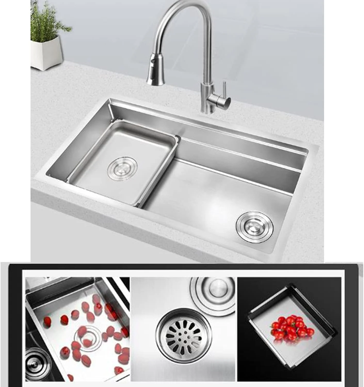 سینک ظرفشویی آشپزخانه، سینک استیل ضد زنگ 30 اینچی، سینک تک لگنه توکار، همراه با تخته برش چوبی، تخته یخ زدایی، مناسب برای میز کار رستوران (B)